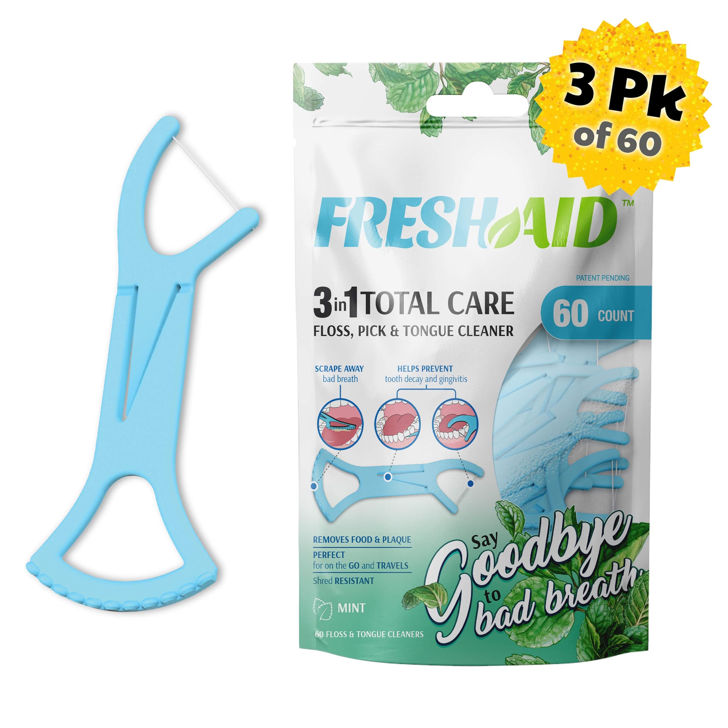 3-in-1 Floss Pick and Tongue Scraper (3PK) | Floss Picks Floss and Toothpick, Portable Disposable Tongue Scraper, Total Oral Dental Care for Fresh Breath and Mouth, Travel Size