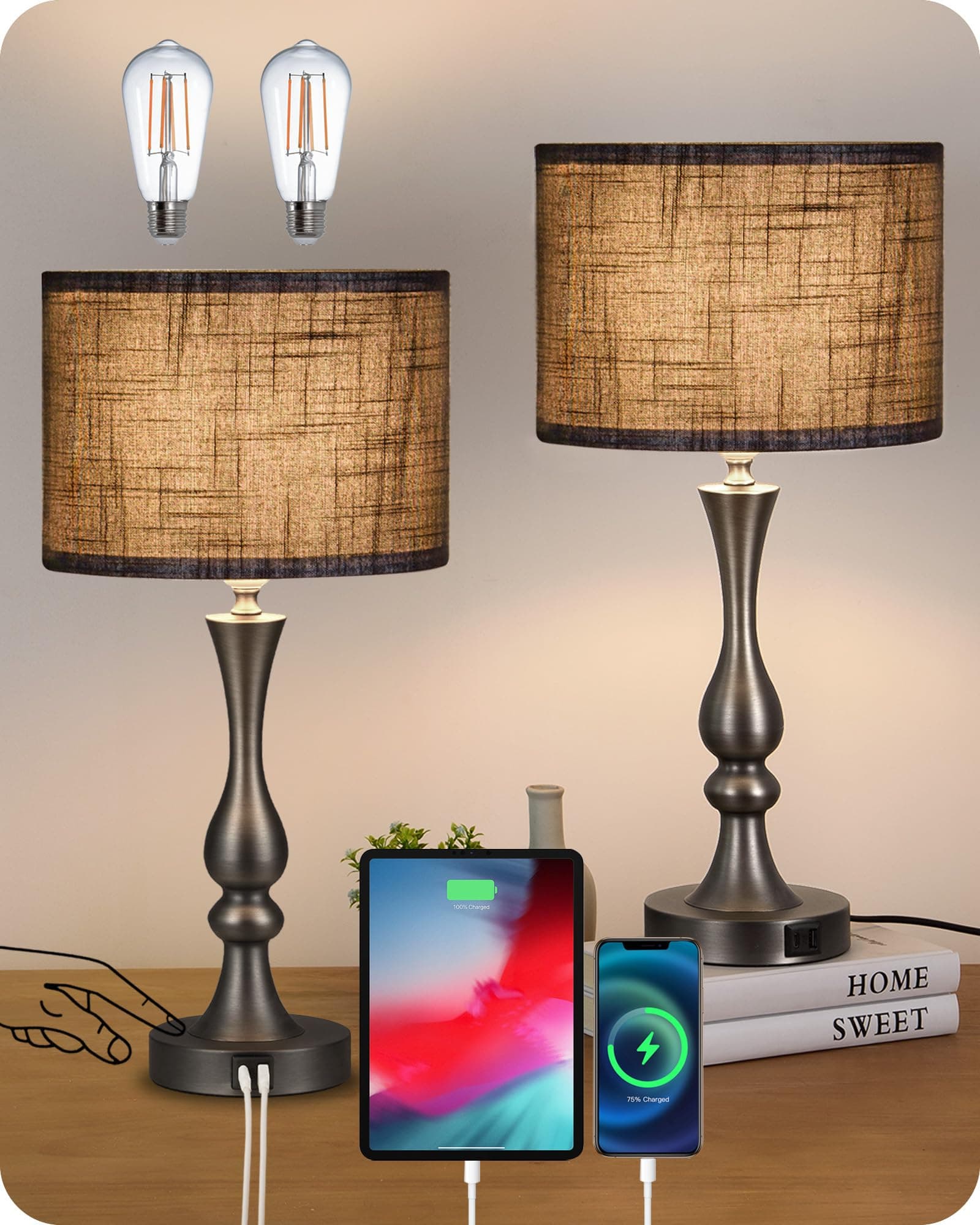 EDISHINE Bedside Lamps Set of 2, 3 Way Dimmable Touch Lamp with USB Charging, Table Lamps for Living Room, Bedroom, Black Linen Shade (LED Bulbs Included)