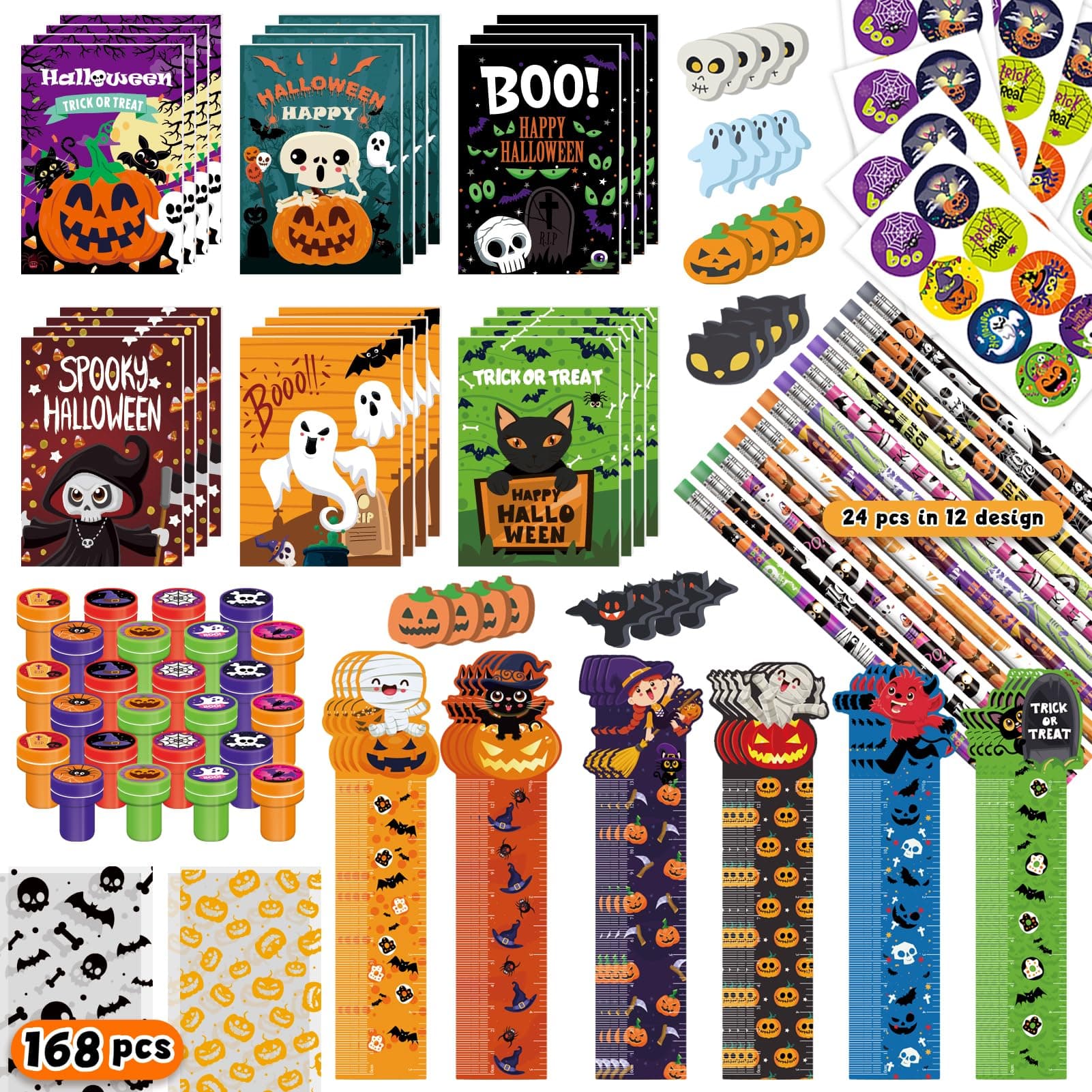 Halloween Party Favor for Kids, 168 PCS 24-Pack Halloween Stationery Set with Goody Treat Bags, Bulk Toy for Class, Spooky Themed Halloween Party Gifts Prizes