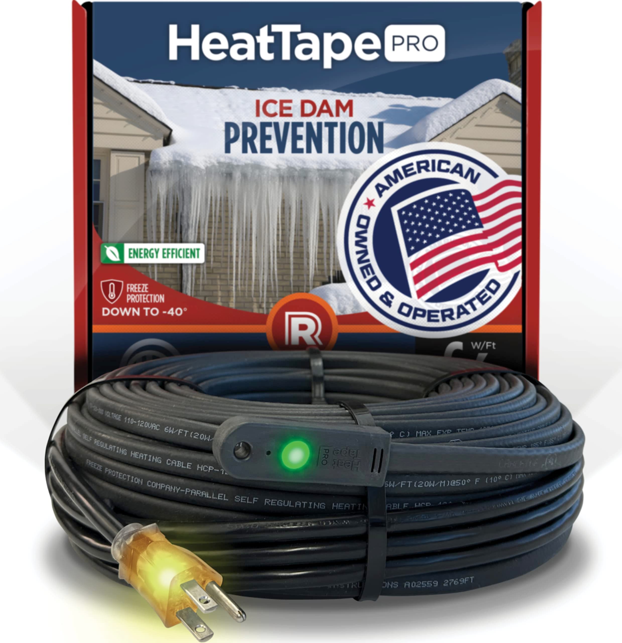RADIANT SOLUTIONS HeatTapePro - Intelligent Commercial Grade Self-Regulating Heat Cable with GlowCap™ - 10 YR warranty - Ice Dam & Pipe Freeze Protection - 12 ft cable + 10 Ft Cord, 120V, 6 watts/Ft