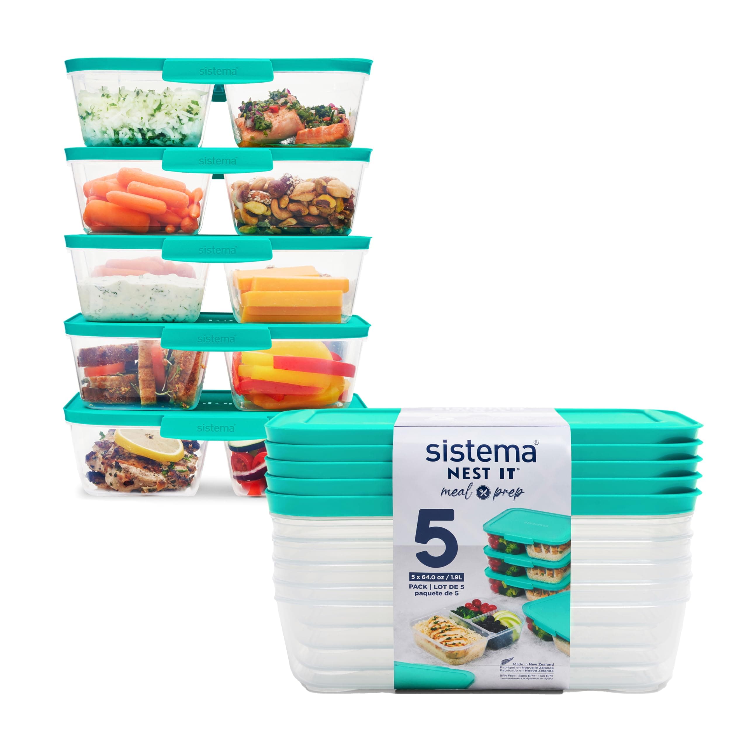 Sistema NEST IT Meal Prep Containers 1.9 L Airtight Food Storage with Compartments & Lids BPA Free Green 5 Count, White, 59175