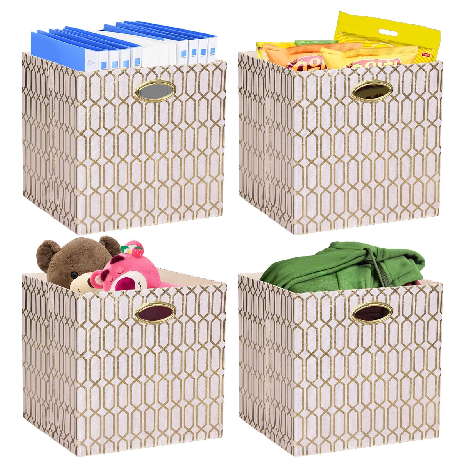 Storage Bins, Storage Cubes,13×13 Fabric Drawers Organizer Basket Boxes Containers (13×13×13/4pcs, Cream/gold geometry Pattern)