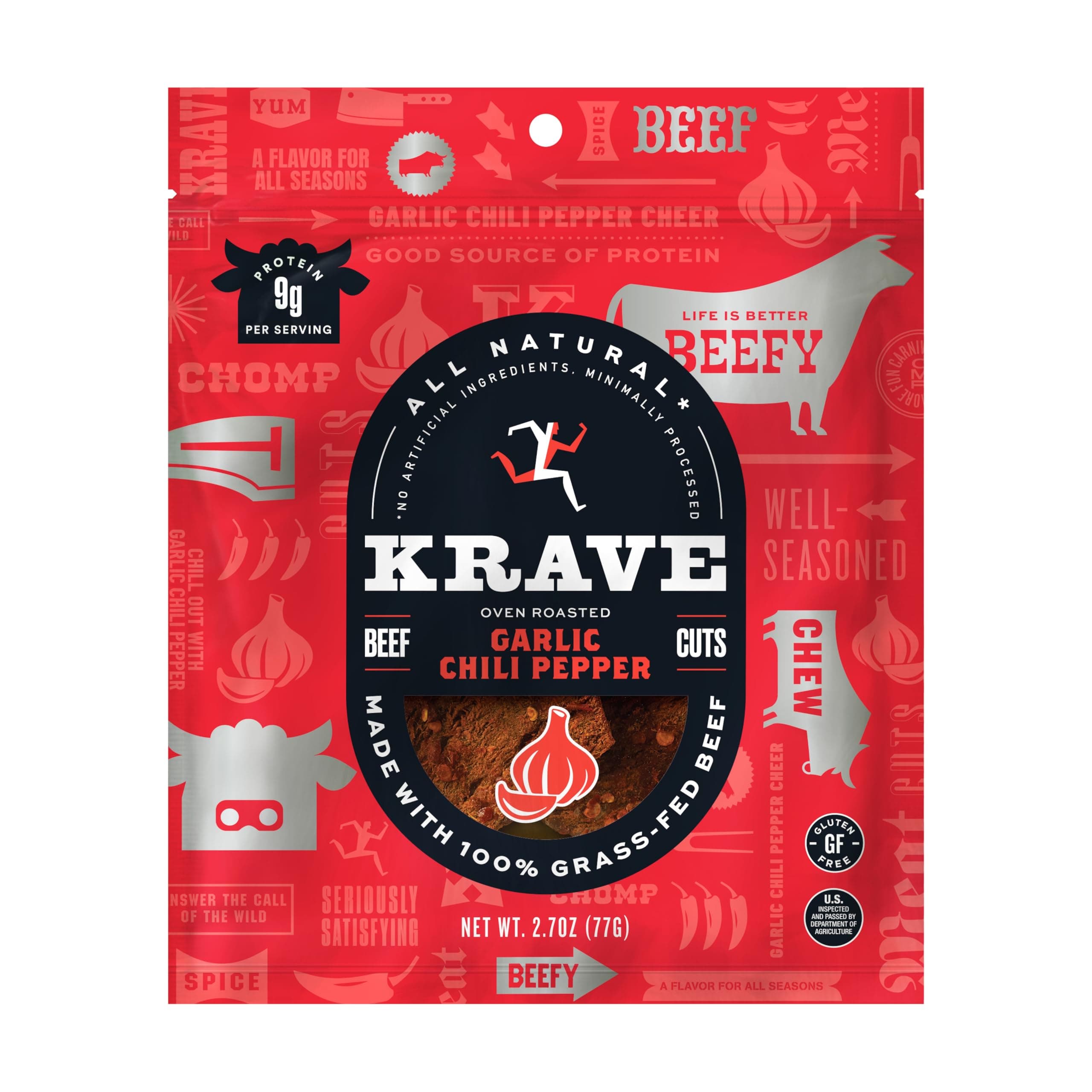 All Natural Beef Jerky, Garlic Chili Pepper - Protein Packed Snacks Roasted for Maximum Flavor - 100% Grass Fed Beef - Gluten Free - 2.7 Ounce