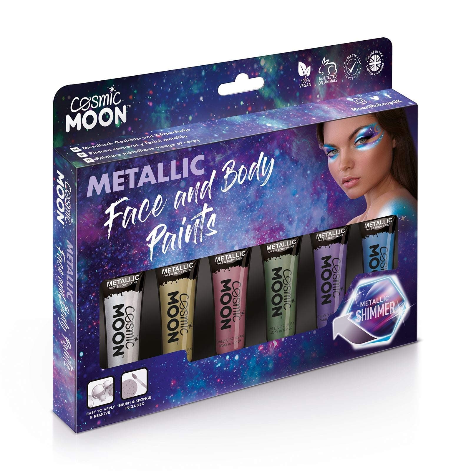 Cosmic Moon - Metallic Face Paint makeup for the Face & Body - 0.40fl oz - Create mesmerising metallic face paint designs! - Gift Set - Includes: Pink, Gold, Blue, Green, Silver, Purple