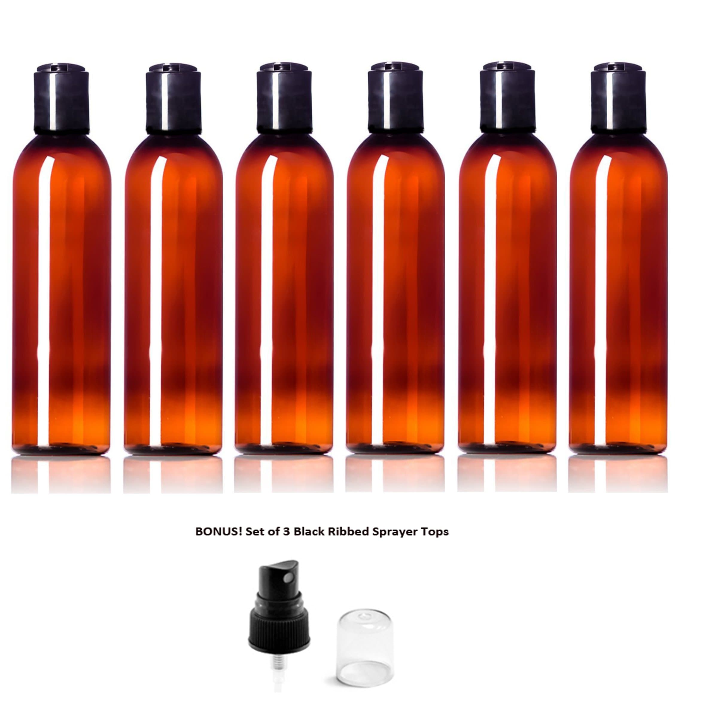 Amber PET Plastic 4 Ounce Cosmo Bullet Bottle with Black Disc Flip Caps (Set of 6)