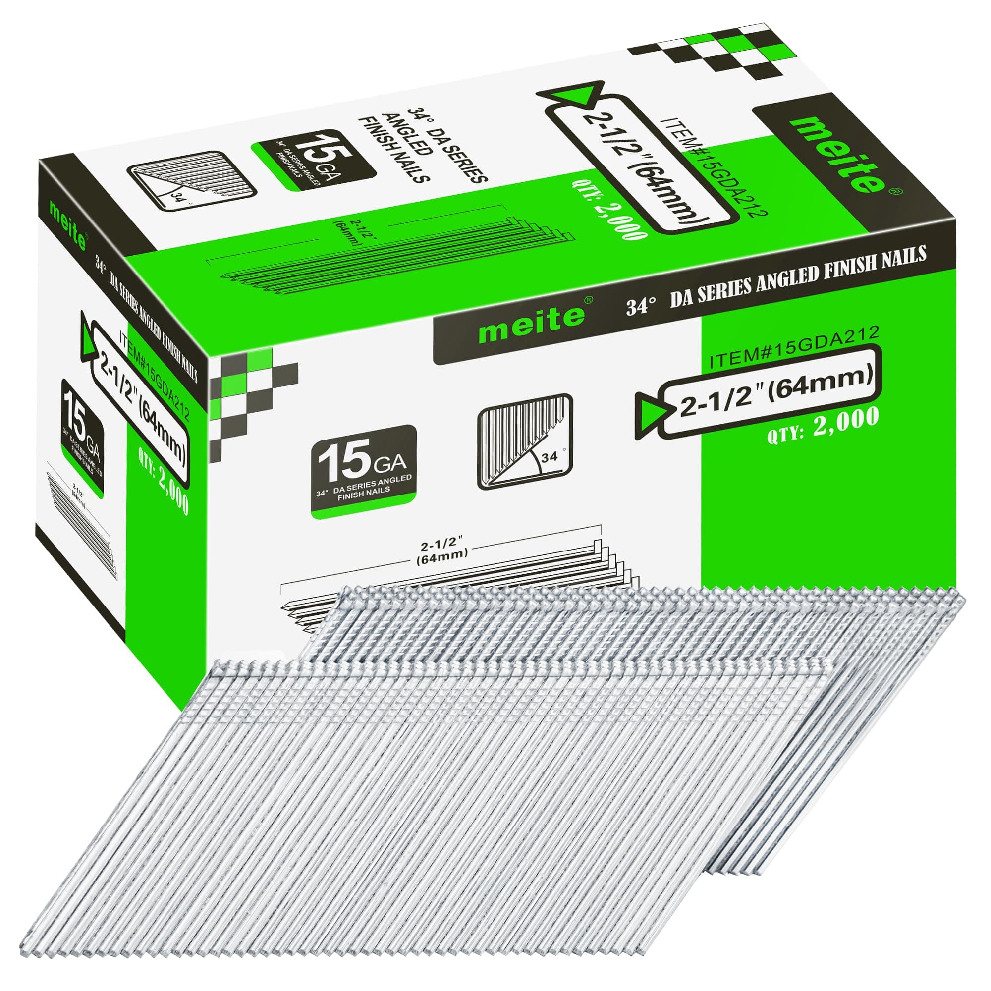 meite 15 Gauge Angled Finish Nails, 2-1/2-Inch 34 Degree Angled Galvanized Finishing Nails for Nailer Guns - Perfect for Window Trim, Cabinet Building and Other DIY Projects (2,000 Counts)