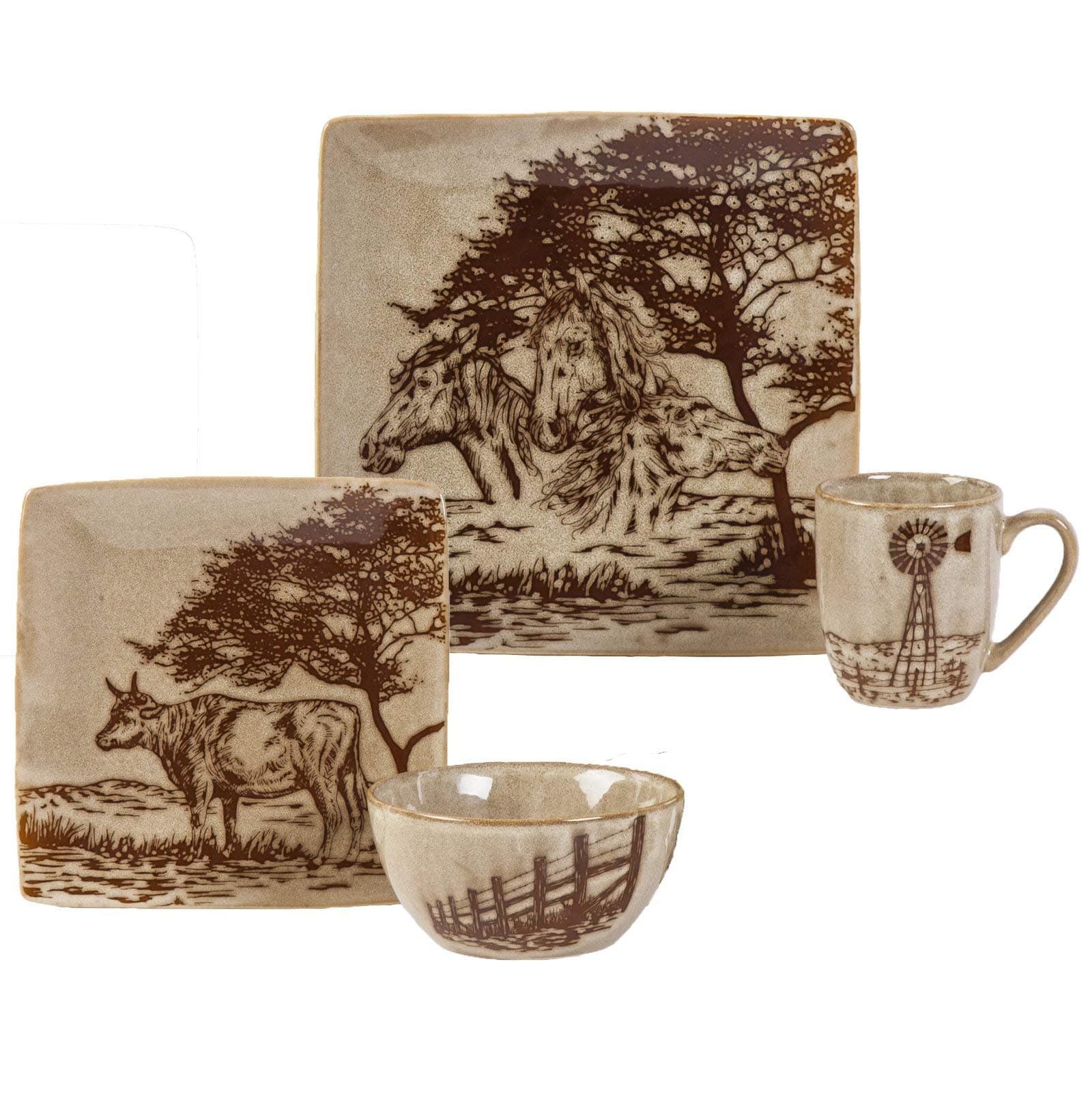 HiEnd Accents Jasper Country-Style 16-PC Dinnerware Set, Chocolate/Mocha