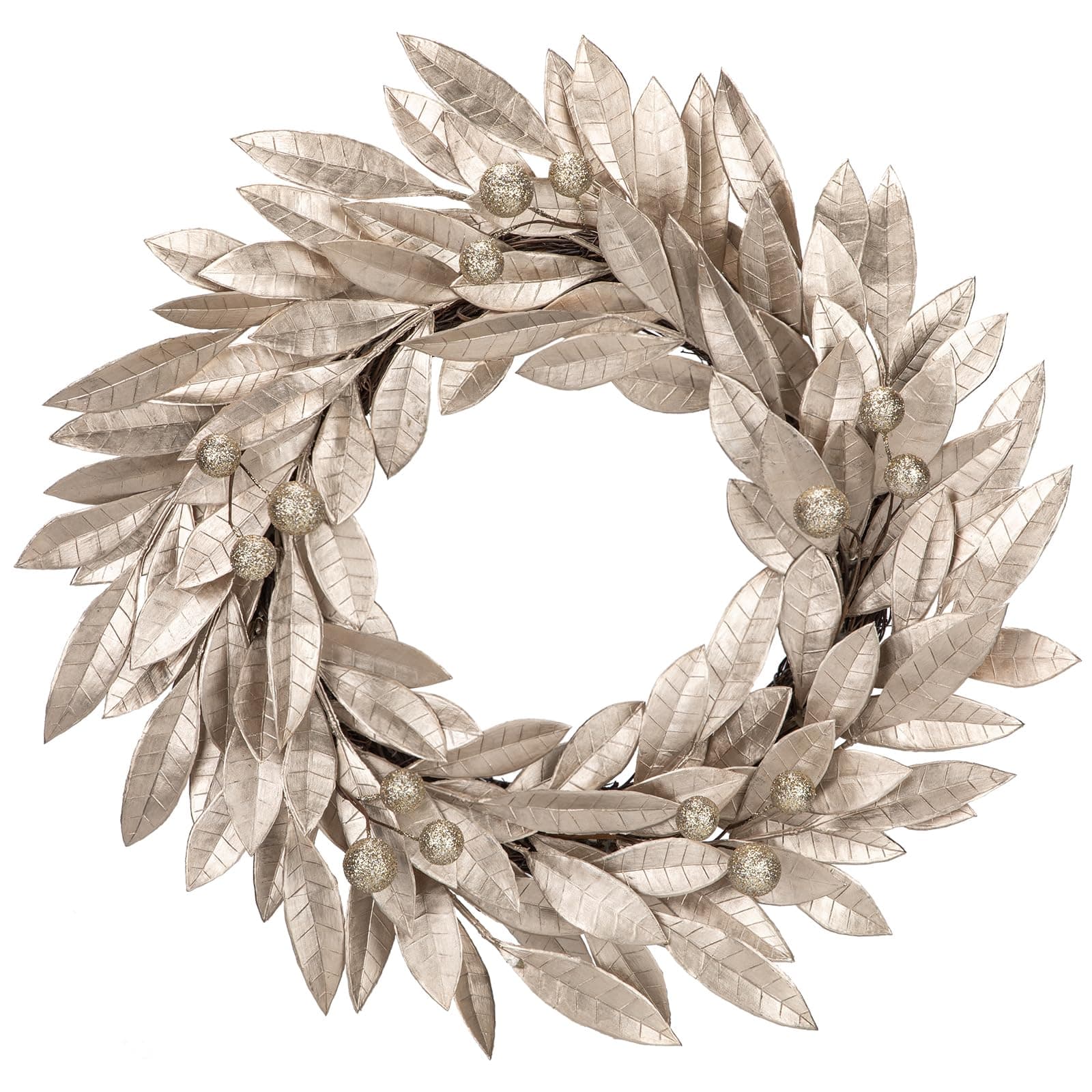 Oairse 16 inch/40cm Champagne Christmas Wreath Artificial Bay Leaves Wreath with Glitter Berries Christmas Wreaths for Front Door for Xmas Decor Wall Kitchen Room Table Indoor Mantel Decorations