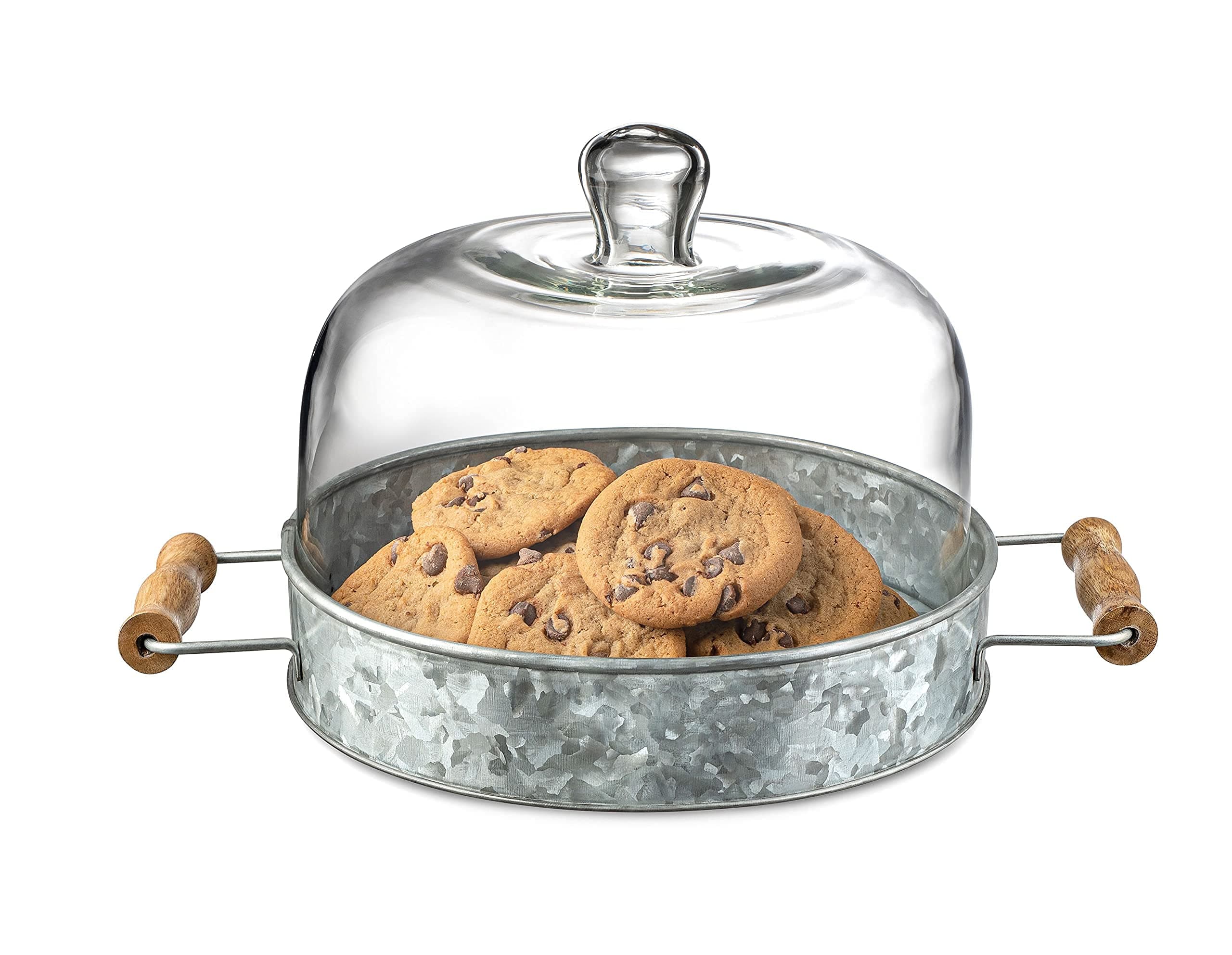 Royalty Art Farmhouse Cake Plate with Glass Dome, Rustic Kitchen and Dining Room Platter with Carry Handles, Galvanized Steel Base, Decorative Home Decor for Cupcakes and Pastries