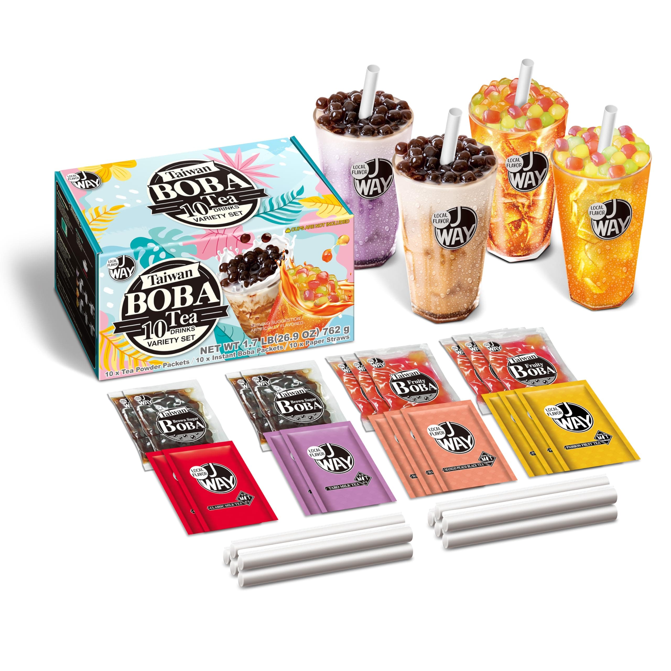 J WAY LOCAL FLAVOR Instant Boba Bubble Pearl Variety Milk Tea Fruity Tea Kit with Authentic Brown Sugar Fruity Tapioca Boba, Ready in Under One Minute, Paper Straws Included - Gift Box - 10 Servings