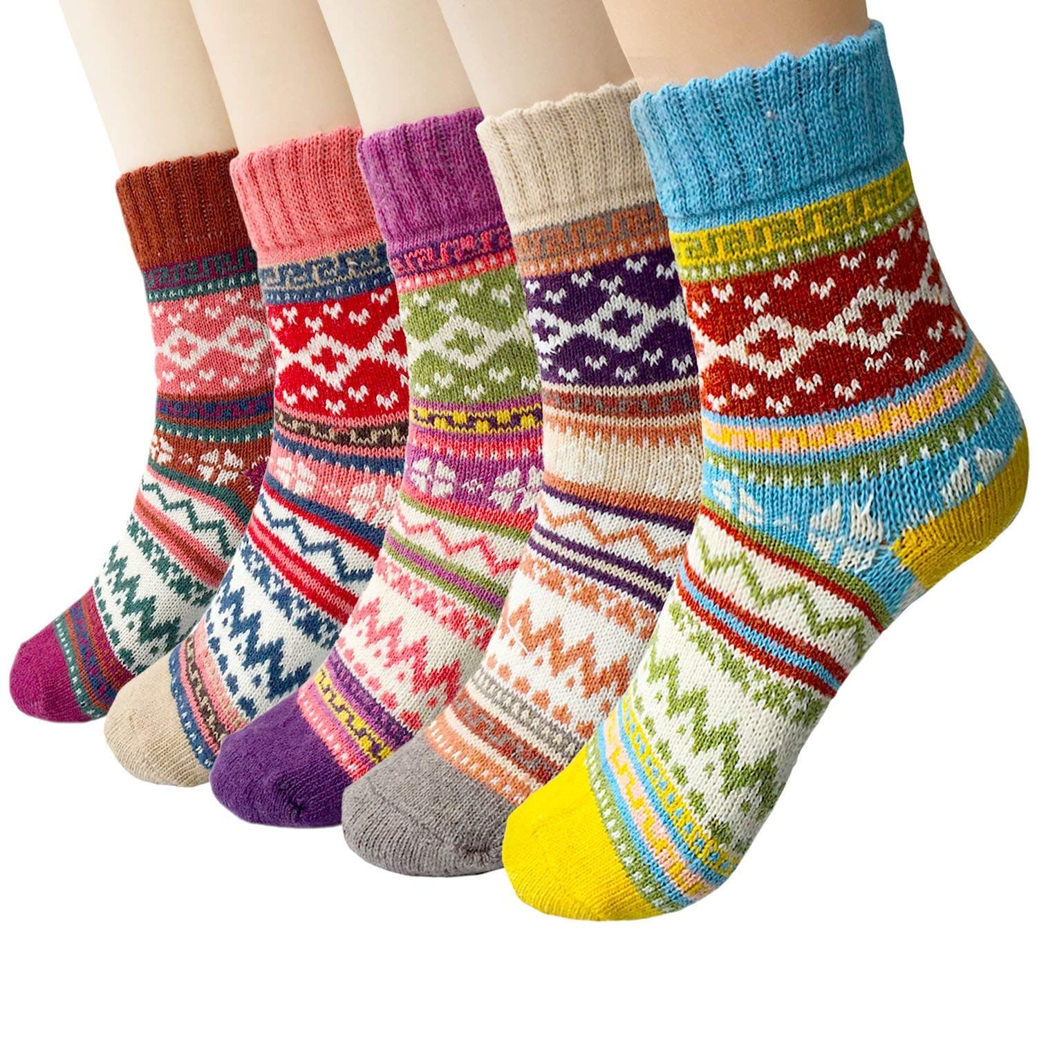 5 Pairs Wool Socks for Women - Winter Thick Boot Cozy Crew Vintage Soft Calf Knit Warm Socks Gifts