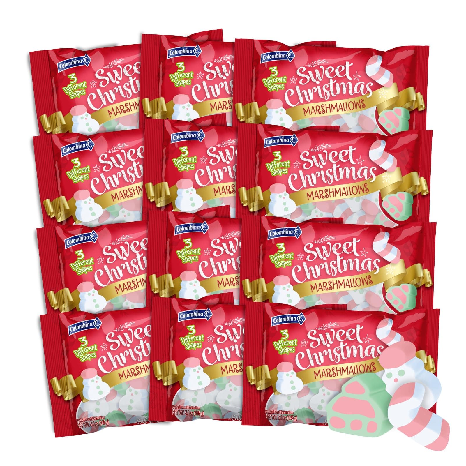 Sweet Christmas Marshmallow Bag - Soft, Assorted Marshmallows In 3 Different Shapes: Christmas Trees, Candy Canes, And Santas - Vanilla Bean Marshmallows - 5.1 Oz Per Bag (12 Pack)