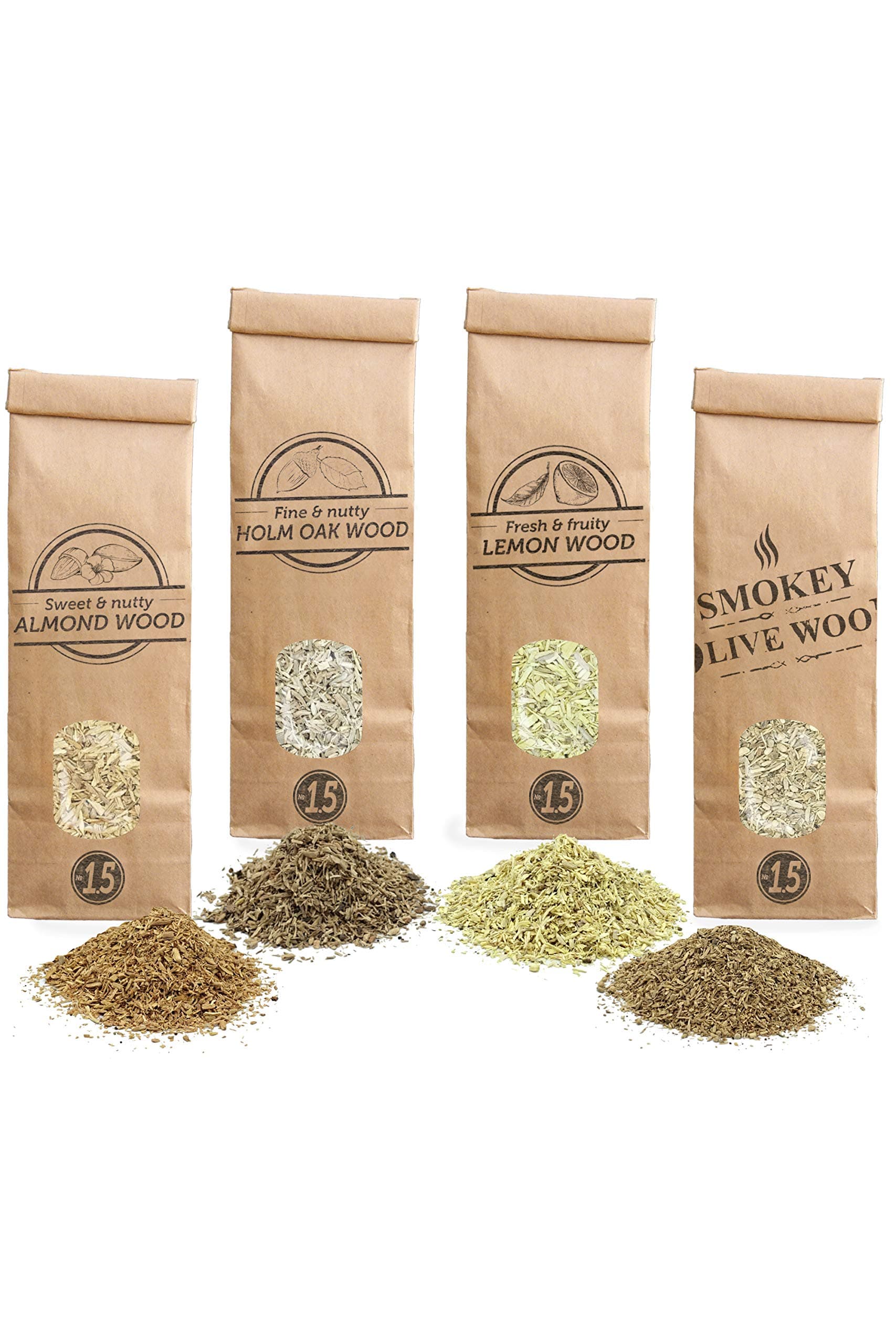 Smokey Olive Wood SOW 4x 300mL smoking chips selection: olive, almond, holm oak and lemon wood. Size Nº1.5: for smoking gun, AHLV1.5-04-0.3L