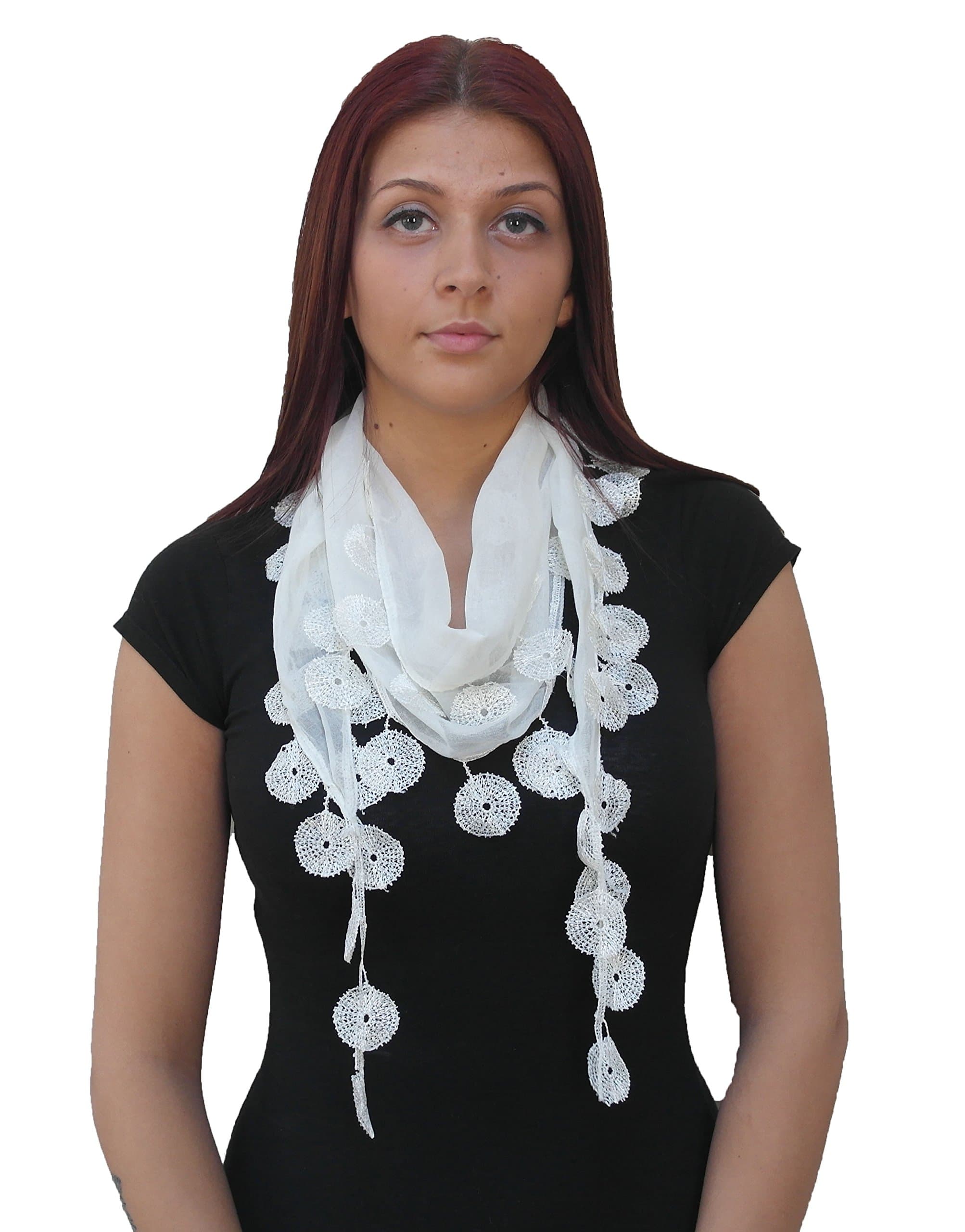 Demyrs Women's Fashion Scarf with Matching Round Fringes One Size White
