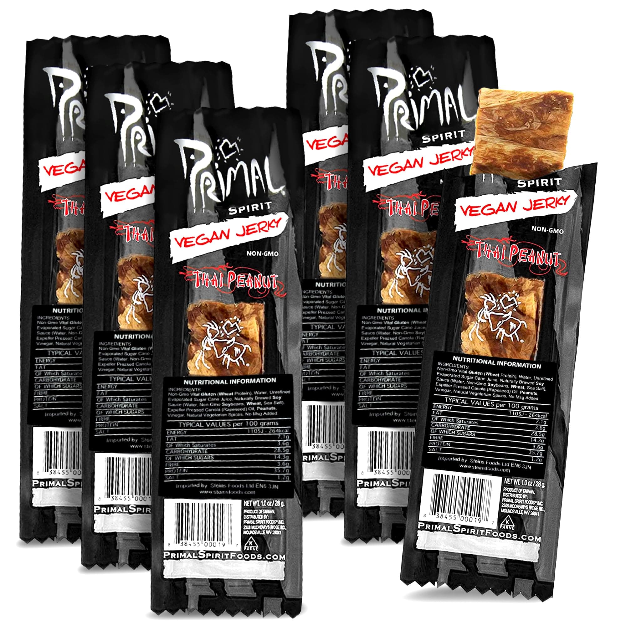 Primal Strips Thai Peanut Vegan Jerky Pack of 6 (28gm) – Delicious Meat Alternative Healthy Snacks – Non-GMO, High Protein, Traditional Vegan Snacks