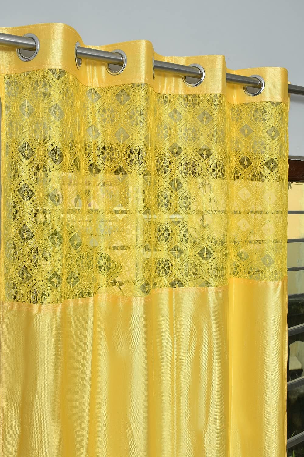 Soulful CreationsAbstract Patch Design Curtain a Combination of Solid Plain with Sparkling Net. (Yellow, Window 5 feet (1 pcs))