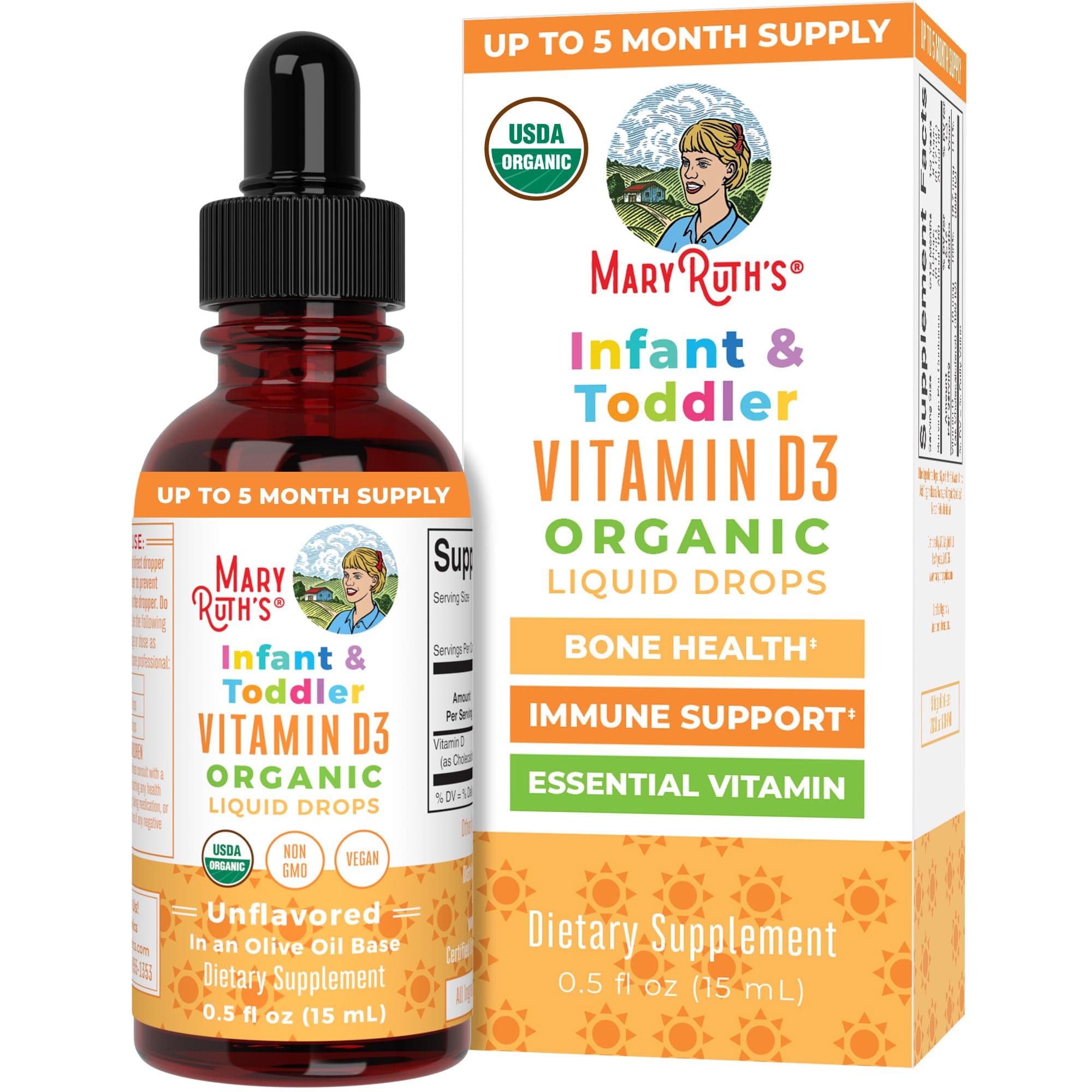 USDA Organic Vitamin D Drops | Vitamin D3 Liquid | Sugar Free | Liquid Vitamin D Drops Immune Support for Infants & Toddlers | VIT D3 | Gluten Free | Non-GMO | 90-150 Servings