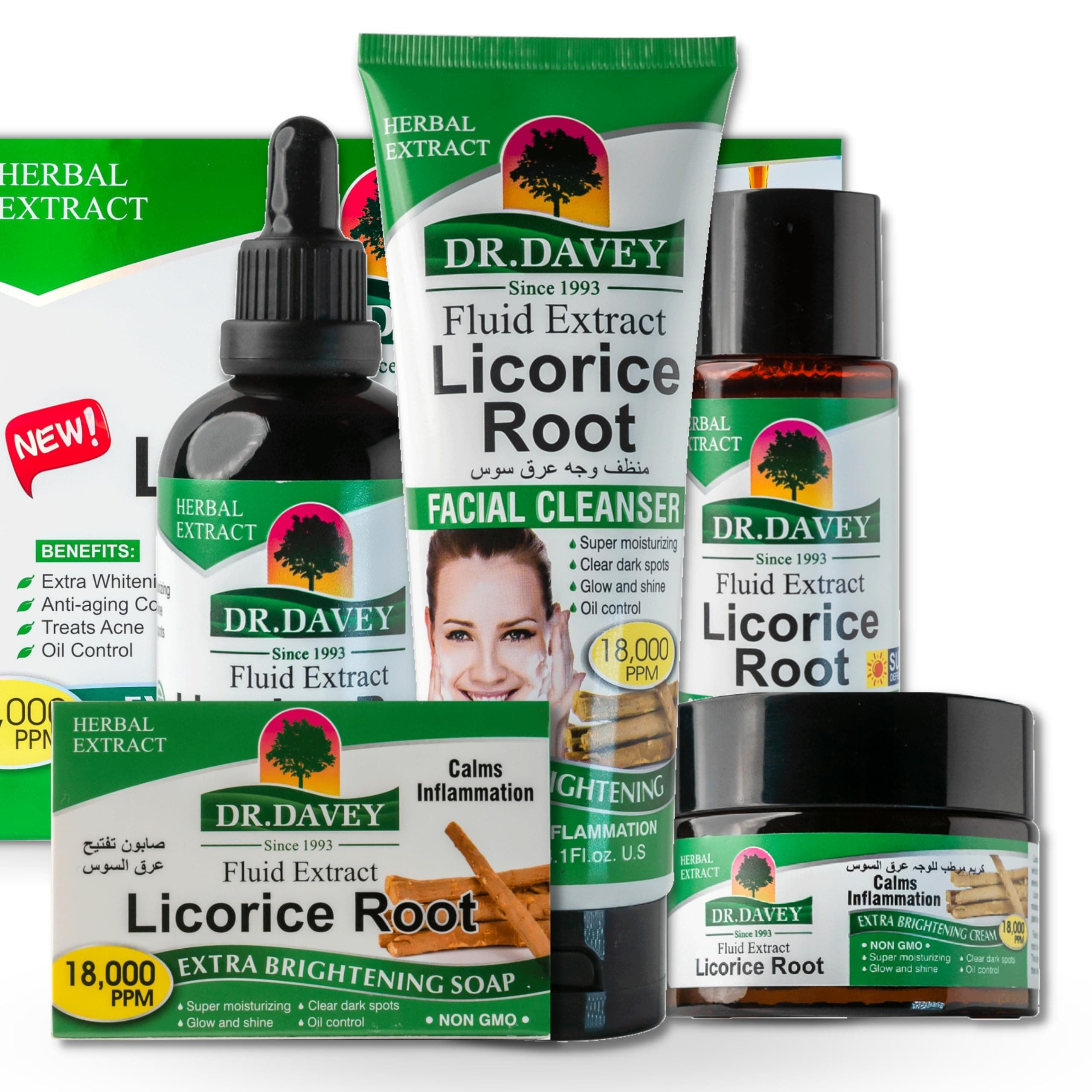 Dr.Davey Licorice Root Extra Brightening Skin Care Set Anti Aging Control Treats Acne Cleans Black Spots Remove Pimples Deep Cleanser Calm Inflammation
