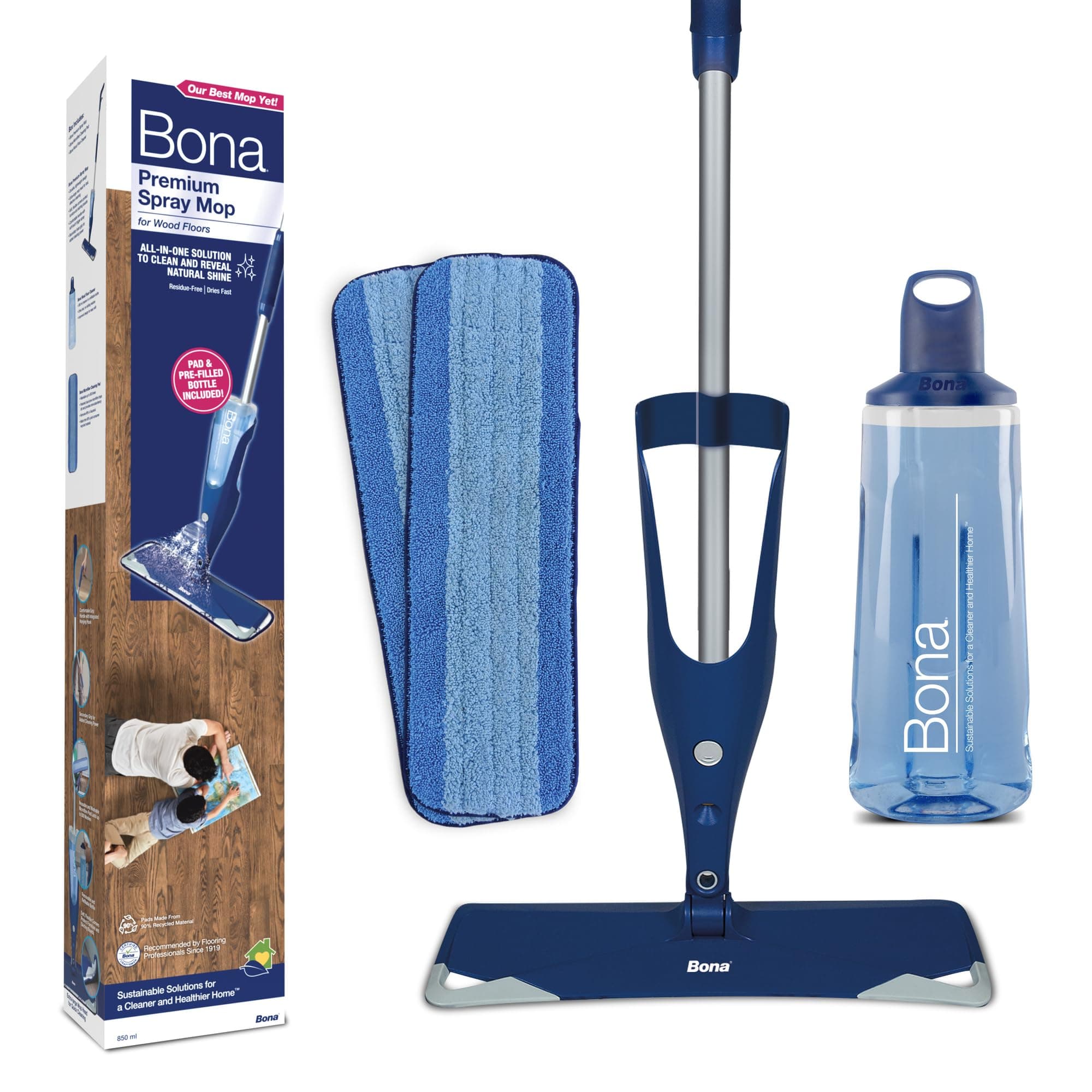 Premium Spray Mop for Wood Floors - Includes Floor Cleaner Liquid Cartridge 850ml & 2 Microfibre Pads, Blue