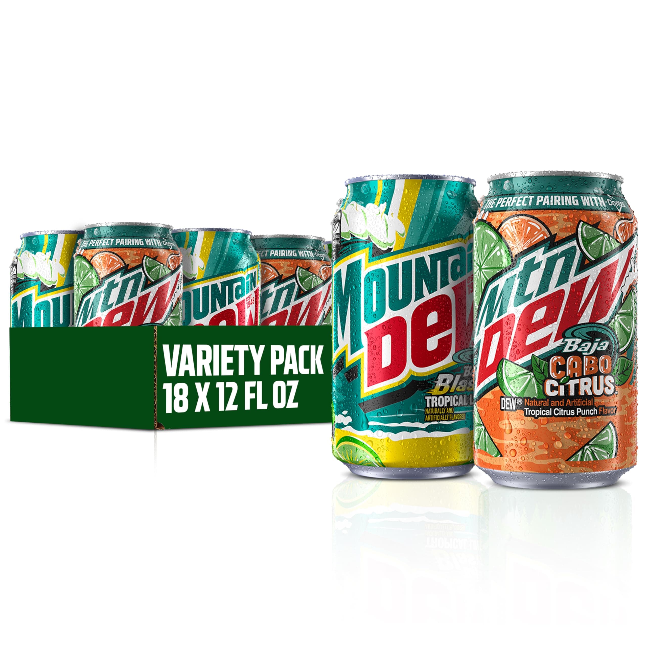 Mountain Dew, 2 Flavor Baja Variety Pack (Baja Cabo Citrus, Baja Blast), 12 Fl Oz Cans (Pack of 18)