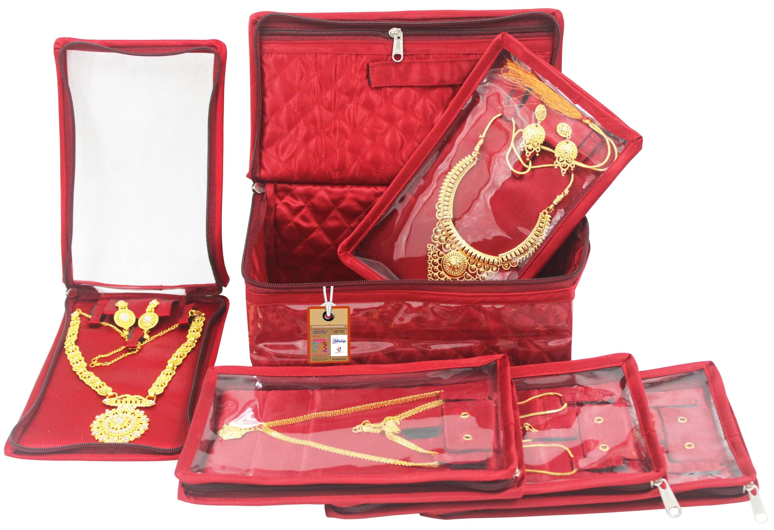 Satin Women's Jewellery Organizer Necklace Pouches Ring Earring Travelling Make up Kit with 5 Pouch (Maroon)