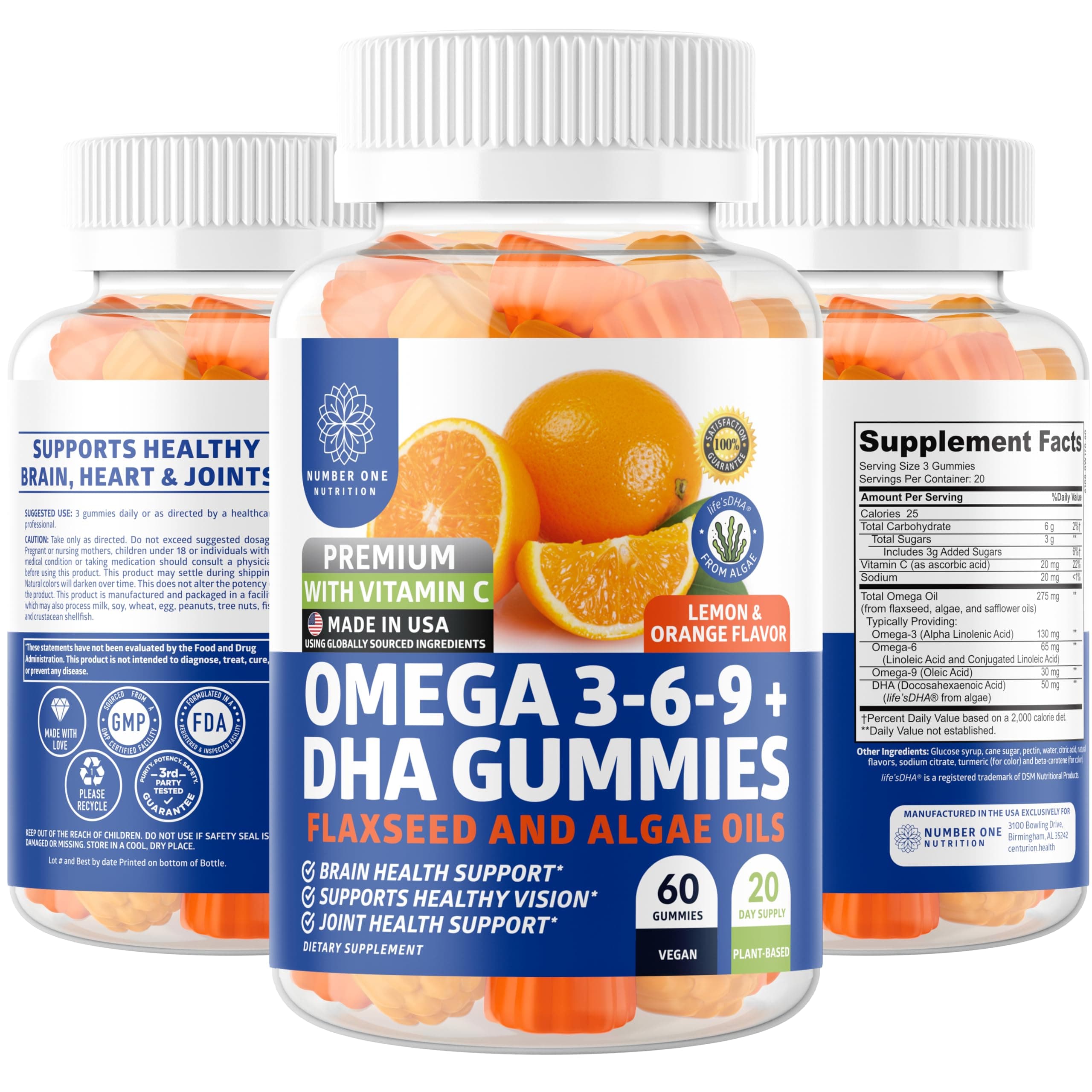 N1N Premium Omega 3 6 9 + DHA Gummies [Max Strength, Vegan Formula] All Natural Omega 3 Supplement with Vitamin C to Support Brain, Joints, Heart and Immune Health, 60 Gummies