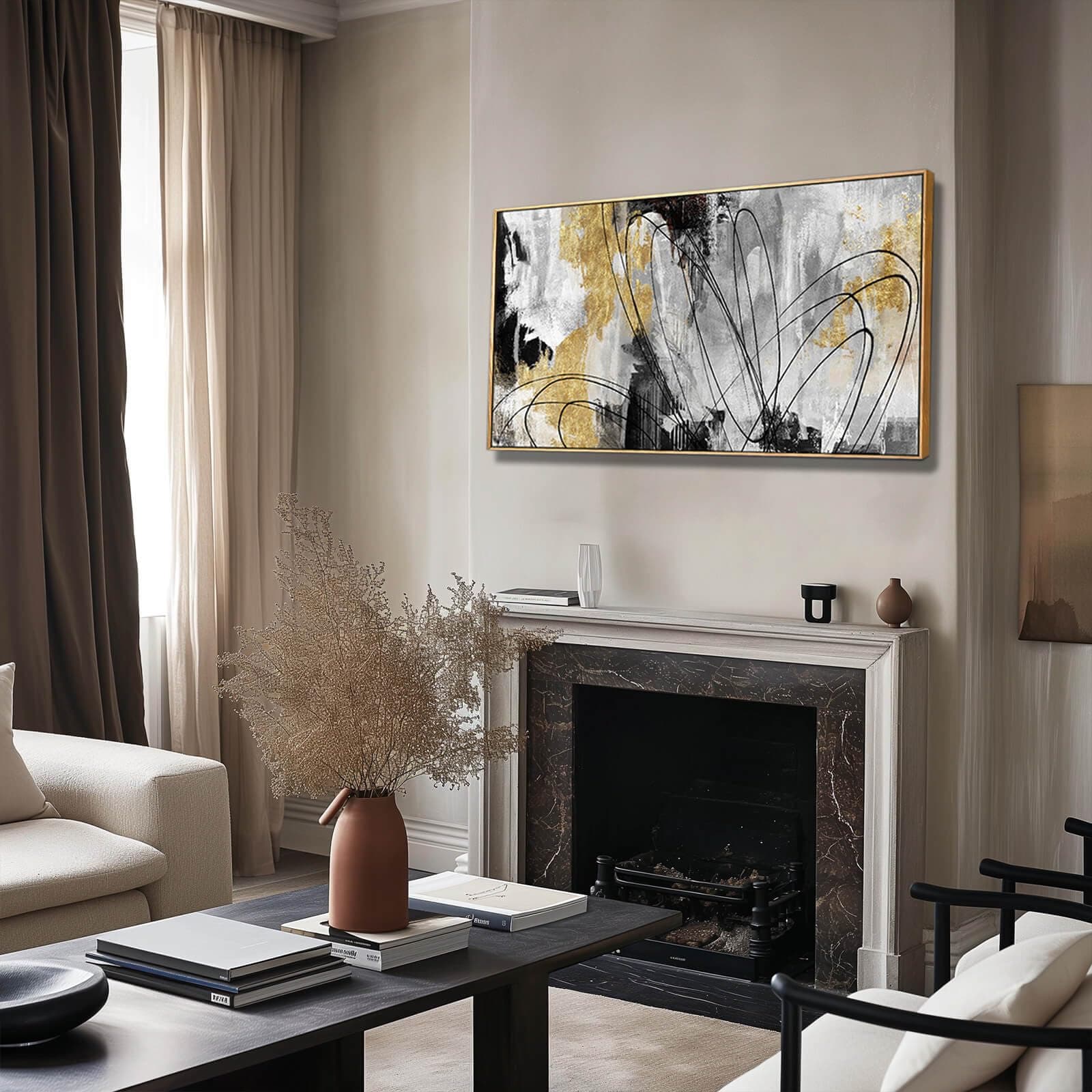 Canvas Wall Art Abstract Painting Living Room Wall Decor Gold Wall Art Wooden Frame Artwork 20" x 40" Abstract Black Line Painting for Bedroom Office Home Kitchen