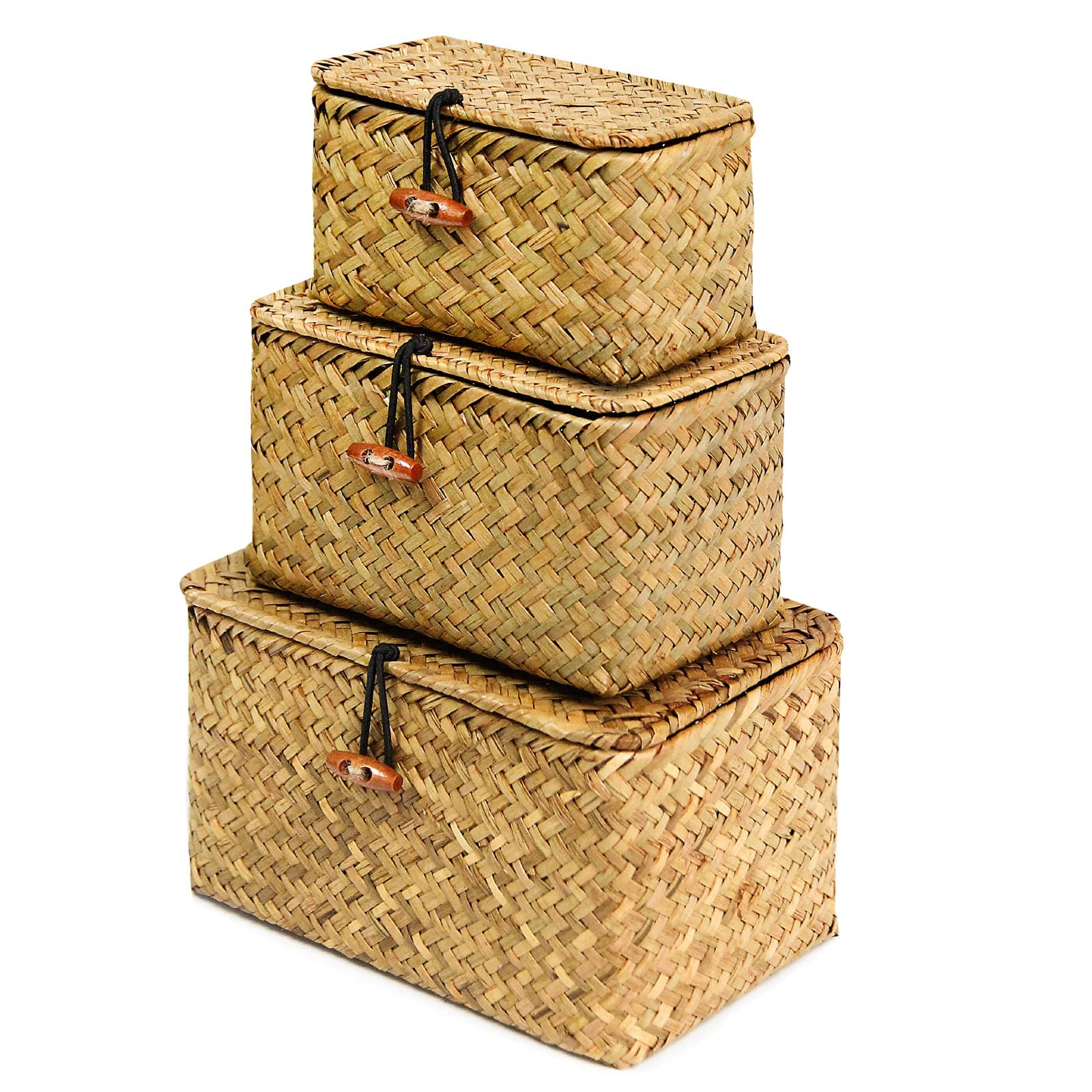 Shelf Baskets with Lid Set of 3 Handwoven Seagrass Storage Box Wicker Basket Desktop Makeup Organizer Multipurpose Container (Original (S/M/L)