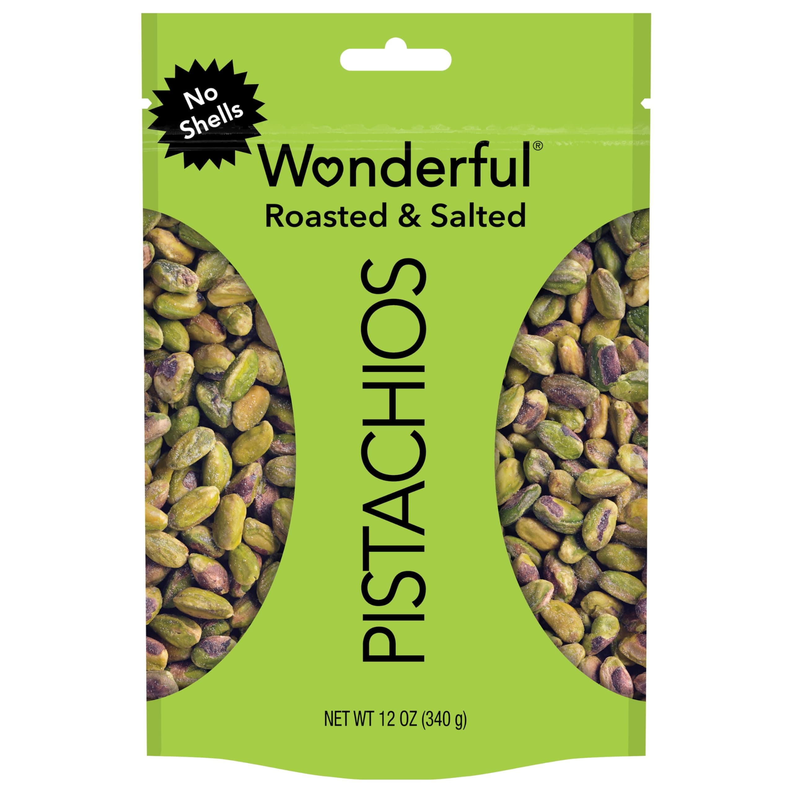Wonderful Pistachios, No Shells, Roasted & Salted Nuts, 12oz Resealable Bag