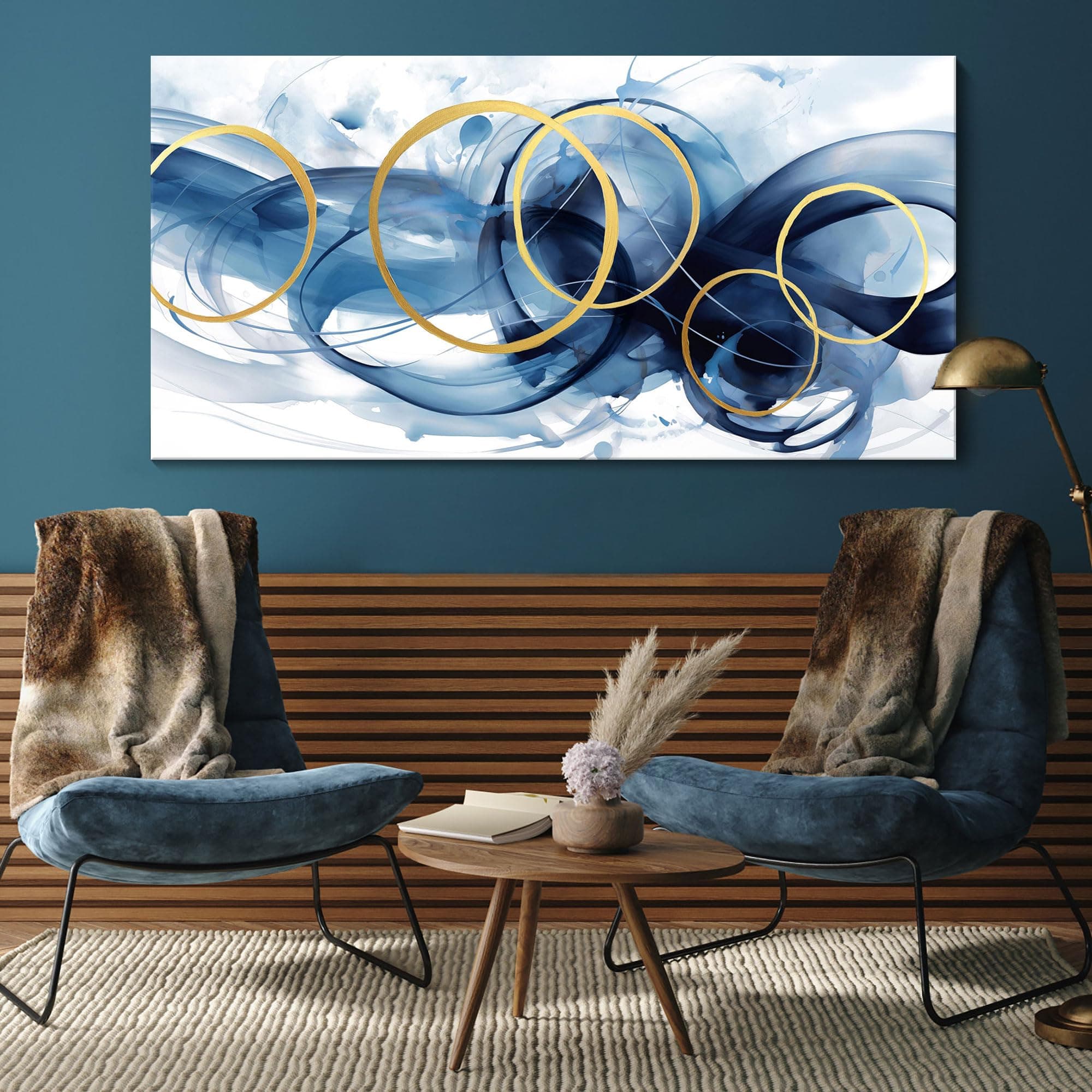 HKDGOKA Blue Abstract Wall Art, Graffiti Ink Gradient Living Room Canvas Artwork White Gold Large Wall Picture Modern Office Paintings for Kitchen Dining Room Bedroom Wall Decor 24x48 IN