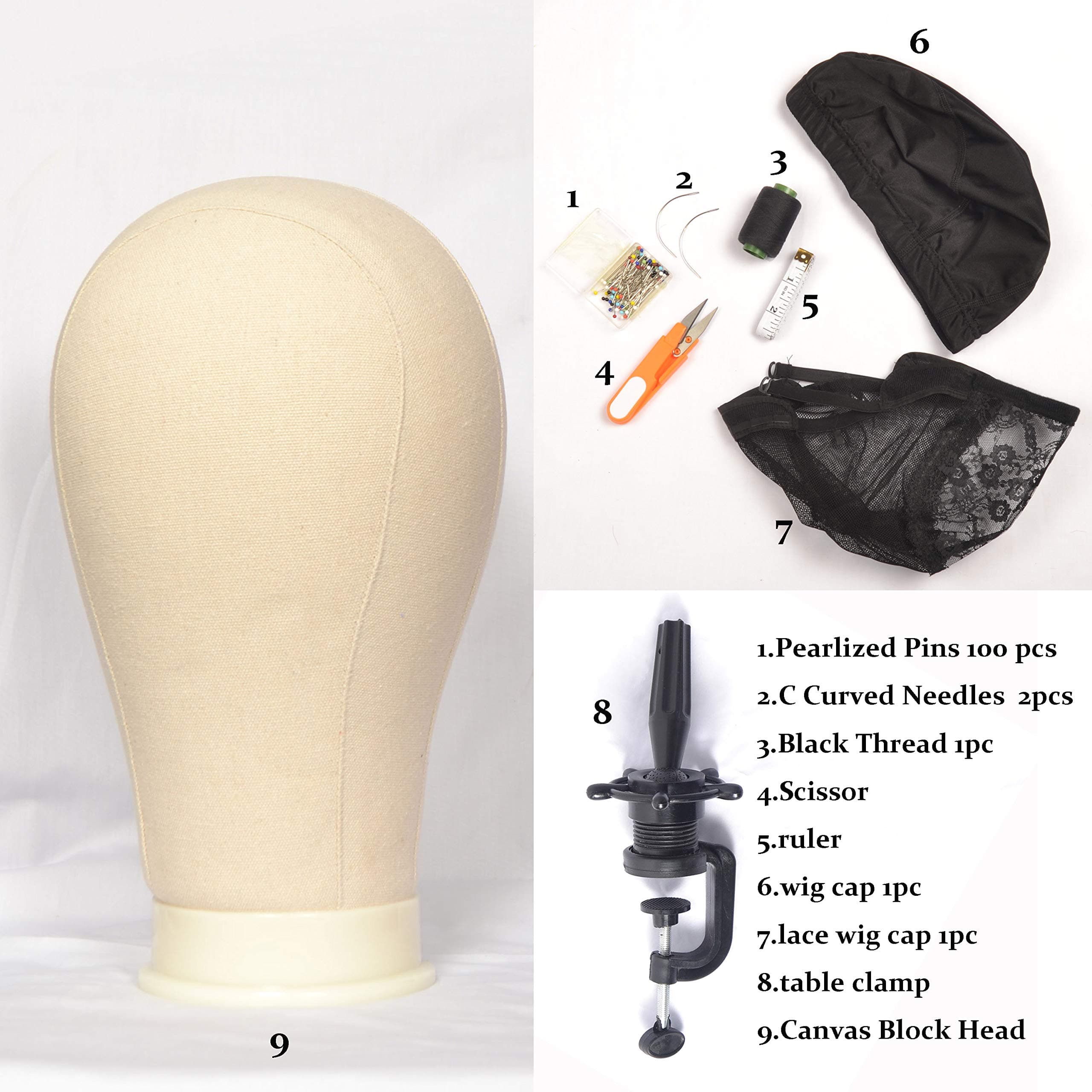 Cork Wig Head Canvas Block Head with Stand Cork Manikin Head for Wigs Display Style Mannequin Head with Mount Hole (Canvas Head+Head Stand+T Pins+Wig Cap+Clips+C Needle+Thread)8pcs Kits (22 inches)