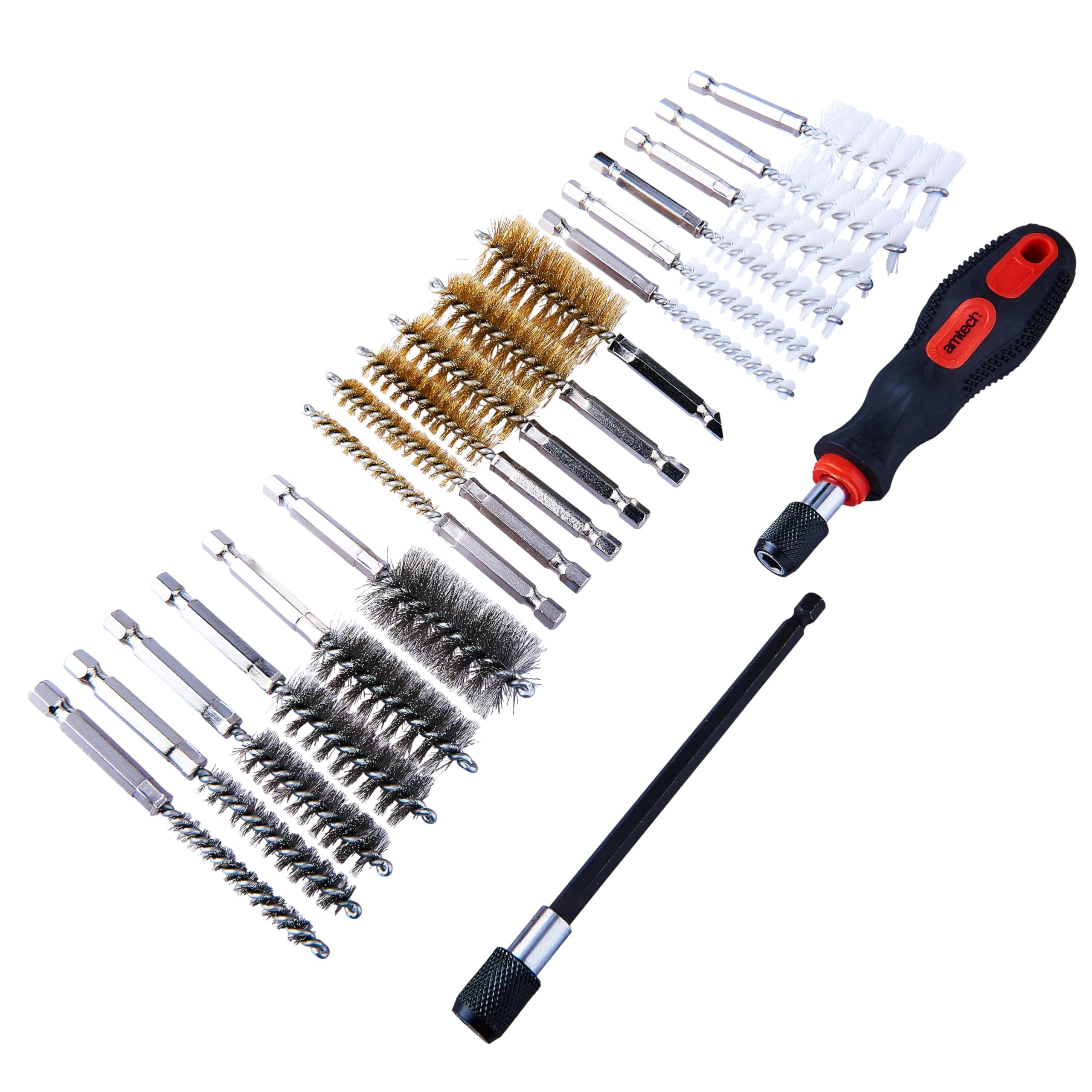 Set of Small Wire Brushes for Cleaning, Made from Tough Steel, Glass, and Nylon, Versatile Choice of Sizes with 1/4” Hex Drive Shank, Comfortable Handle, Extended Reach (20pc)