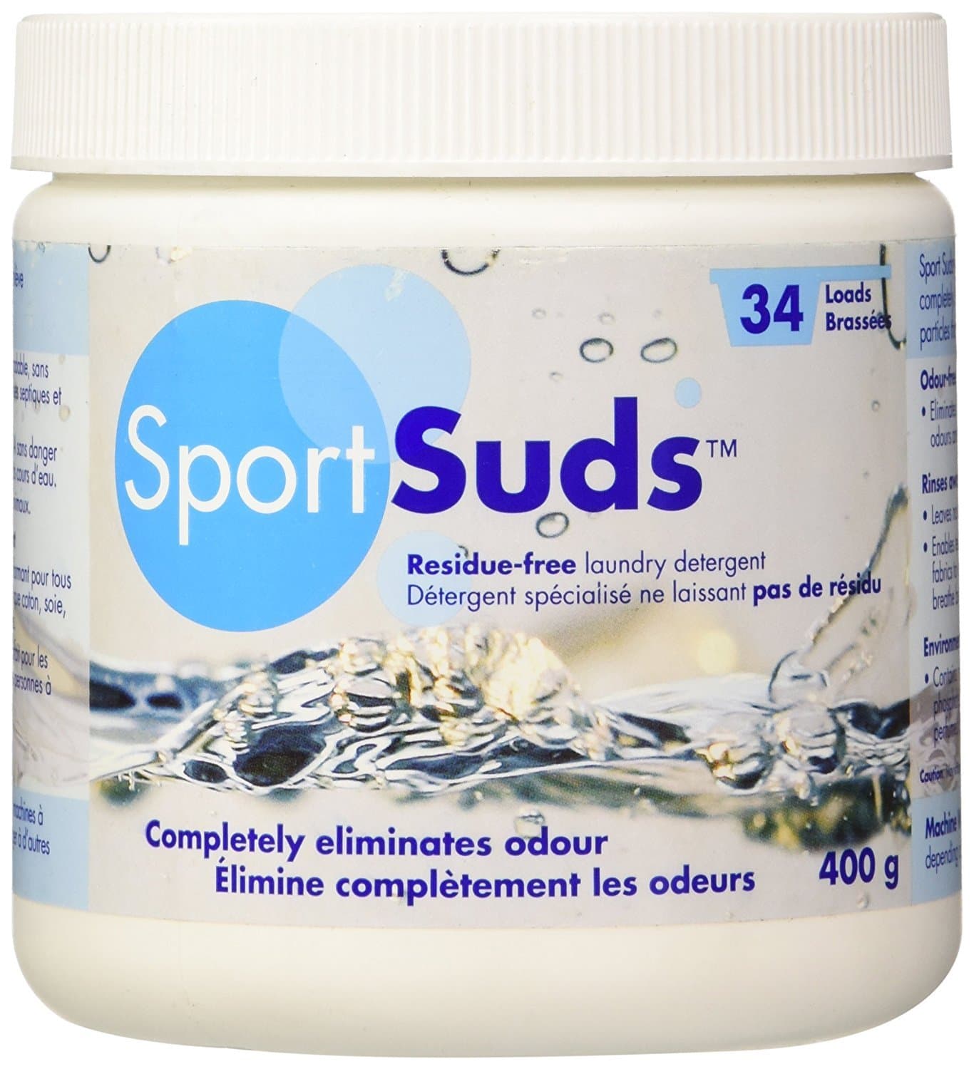Sport Suds Laundry Detergent | Odor Eliminator Sport Wash Residue Free Non-Toxic for Athletic Wear & Technical Clothes 400g Jar 34+ Loads