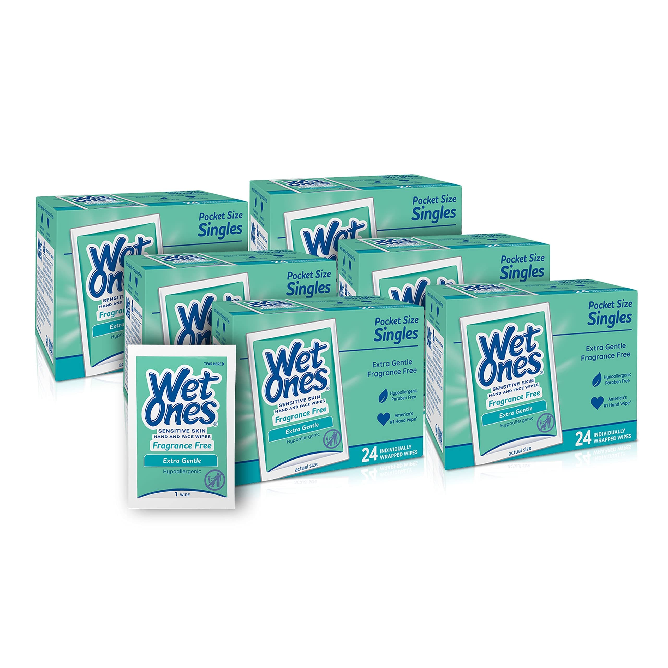 Wet Ones Hand and Face Wipes Singles, Unscented Wipes for Sensitive Skin | Individual Wipes, Hand Wipes Individually Wrapped | 24 ct. (6 pack)