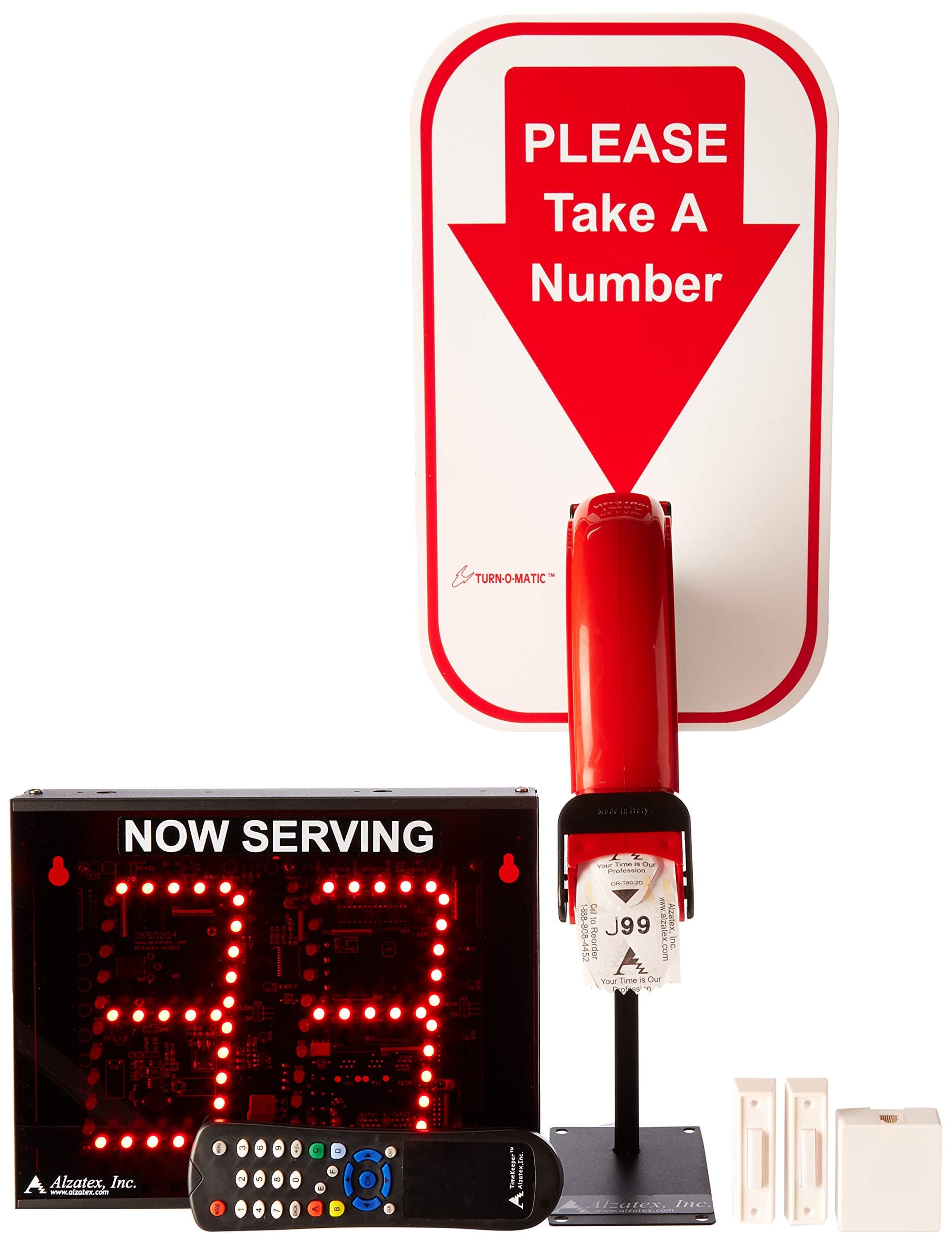 Alzatex 2-Digit Take a Number System Including Roll of Tickets, Ticket Dispenser, Counter Stand, Sign, Pushbuttons, InfaRed Remote, and 2 Digit 5" LED Display