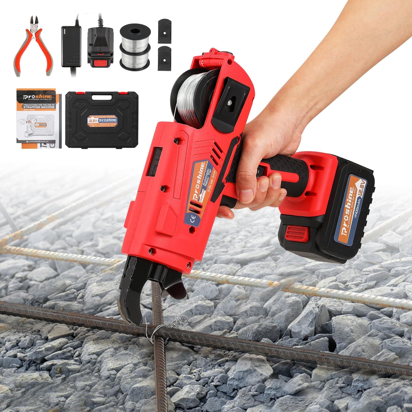 Rebar Tie Gun + 4400mAh Lithium Ion Battery 0.3-1.3in/8-34mm Automatic Rebar Tying Tool 12.8V Rechargeable Battery Wire Coil 0.8S a Knot