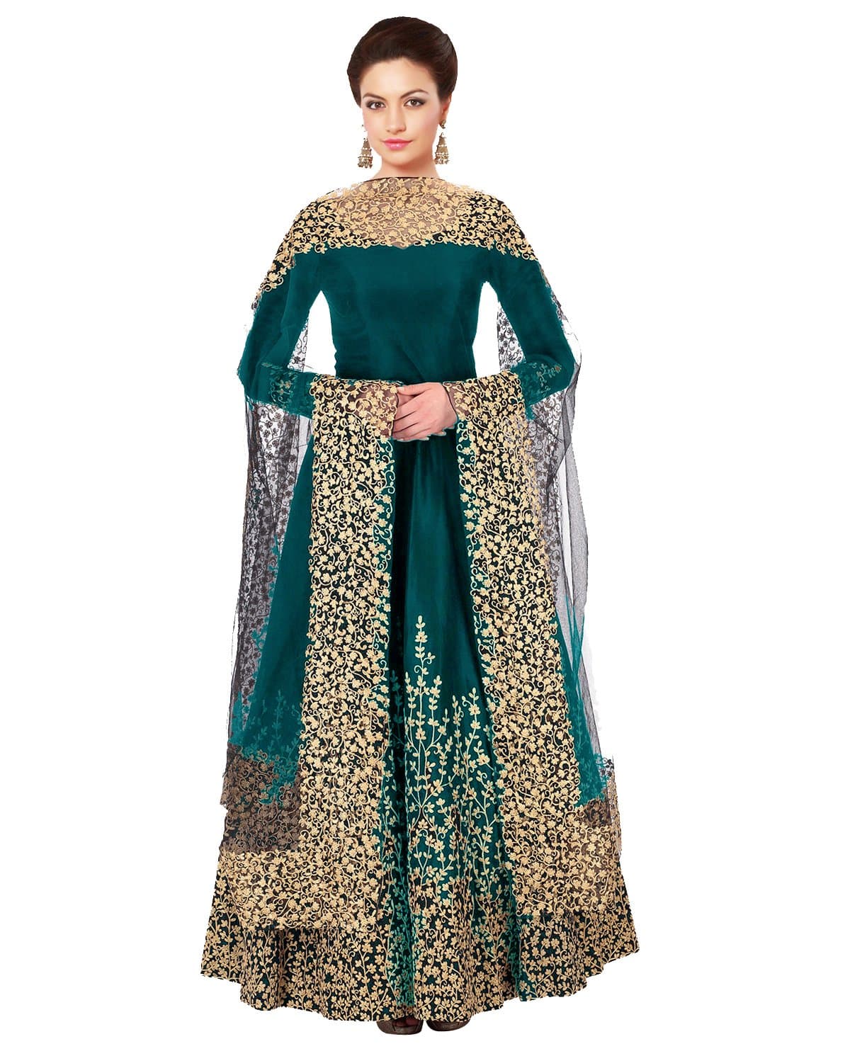 F4style New Firoji Long Embrodered Semi Stitched Designer Anarkali Suit (ER10454)