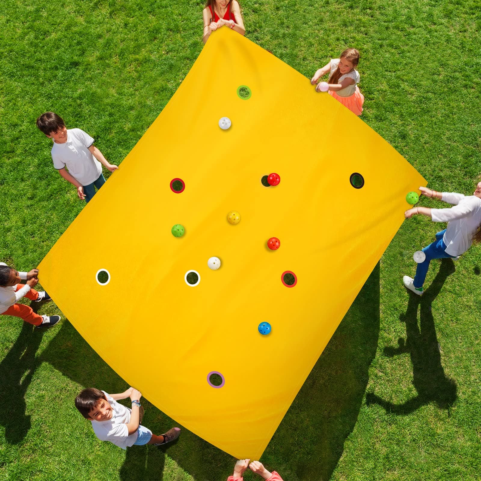 Kathfly Yellow Hole Tarp Team Building Game 98 x 70 Inch Learning Fun Team Building Games for Work with 8 Pcs Team Building Ball for Teamwork Group