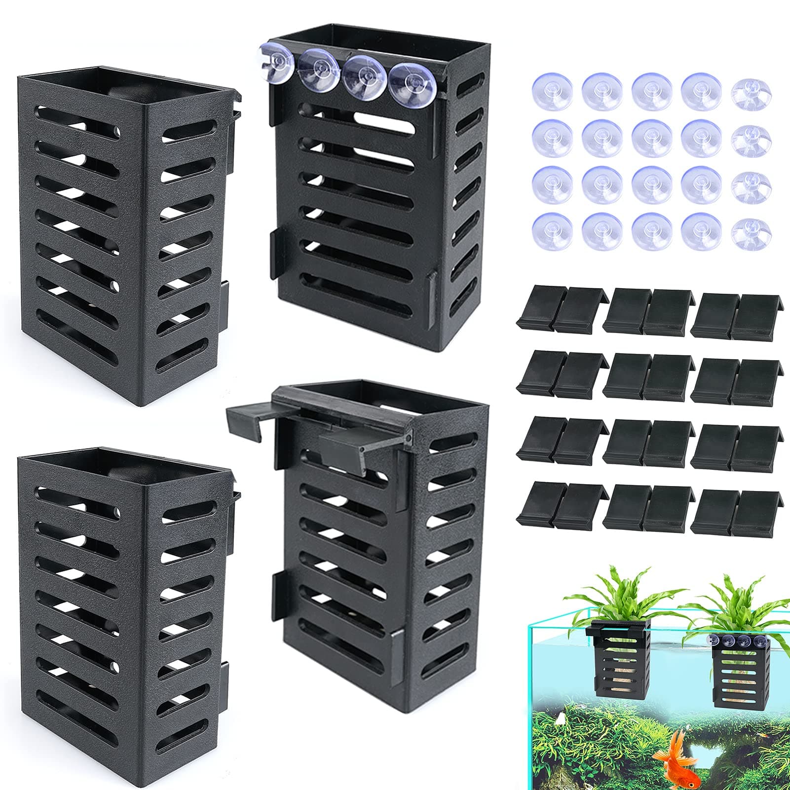 Aquarium Plant Holder 4 PCS Hanging Aquatic Plant Pot with 24 Hooks and 20 Suction Cups for Fish Tank Aquarium Planter and Aquascape Decorations (Black)