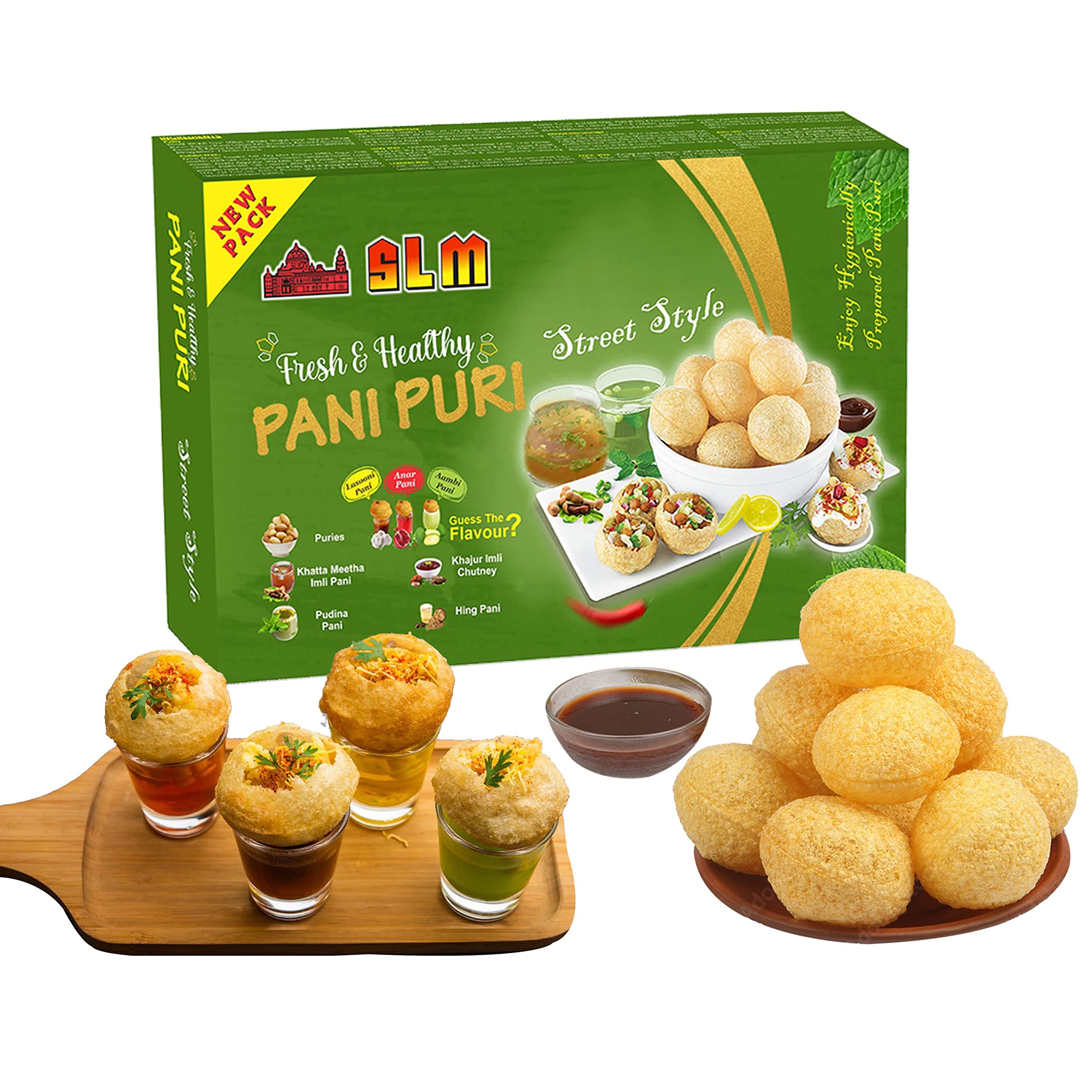 SLM Pani Puri Golgappe Puchka kit With 4 different flavours 50Pcs Puris. Pudhina Pani, Hing Pani, Lasooni Pani, Khatha Metha Imli Pani and khajur Imli Chutney(250gm) (Pack1)