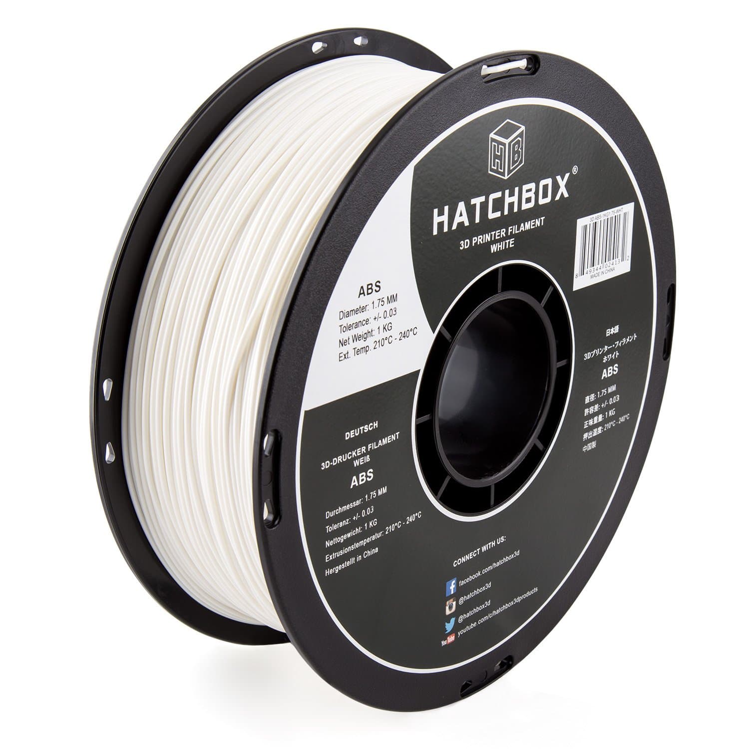 HATCHBOX 3D ABS-1KG1.75-WHT ABS 3D Printer Filament, Dimensional Accuracy +/- 0.05 mm, 1 kg Spool, 1.75 mm, White