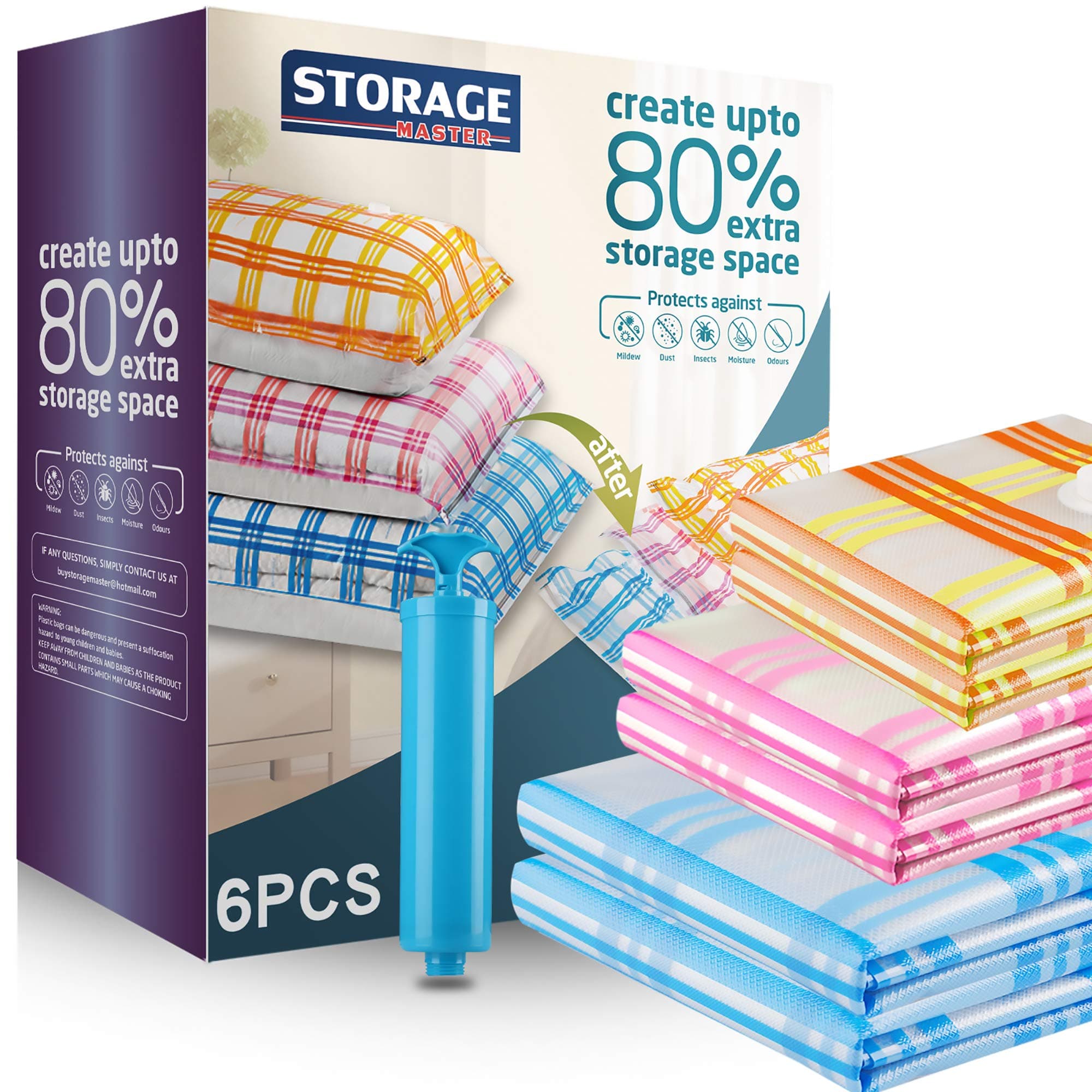 Storage Master Space Saver Bags for Travel and Home Reusable Vacuum Storage Bags Save 80% More Storage Space Work with Vacuum Cleaner + Travel Hand Pump (6-Combo(2J+2L+2M))