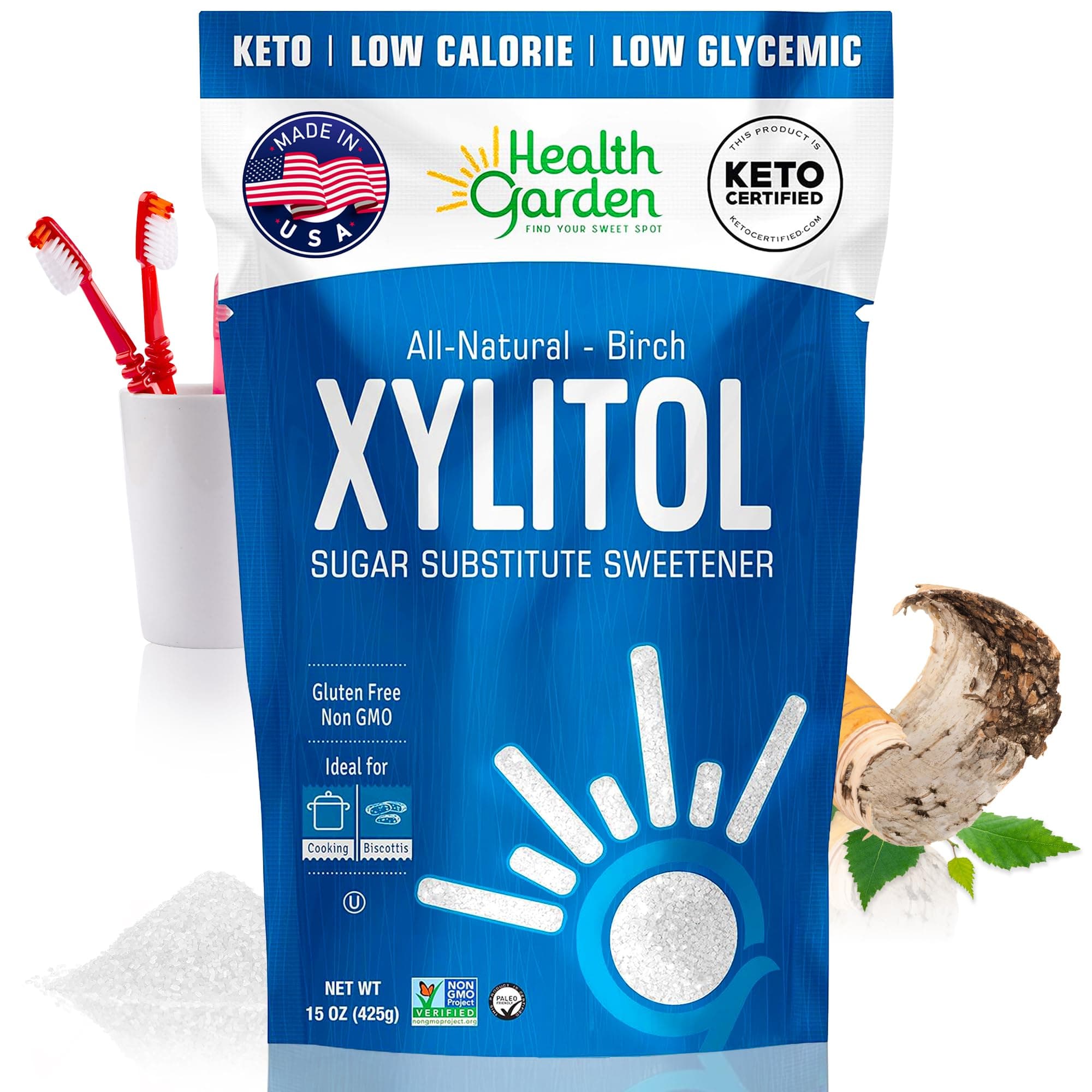 Health Garden Birch Xylitol Sweetener - Non GMO - Kosher - Made in the U.S.A. - Keto Friendly (15 OZ)