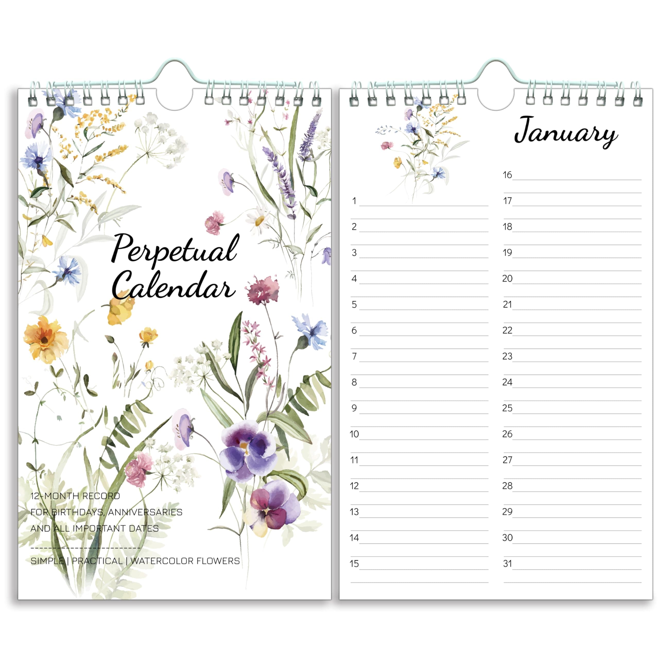 Perpetual Calendar – Undated Calendar 12-Month for Birthday, Anniversaries, Important Days, Festivals Reminder, 6'' x 10'' with 2 Lines Per Days, Twin-wire Binding, Thicker Paper, Minimalist Flowers