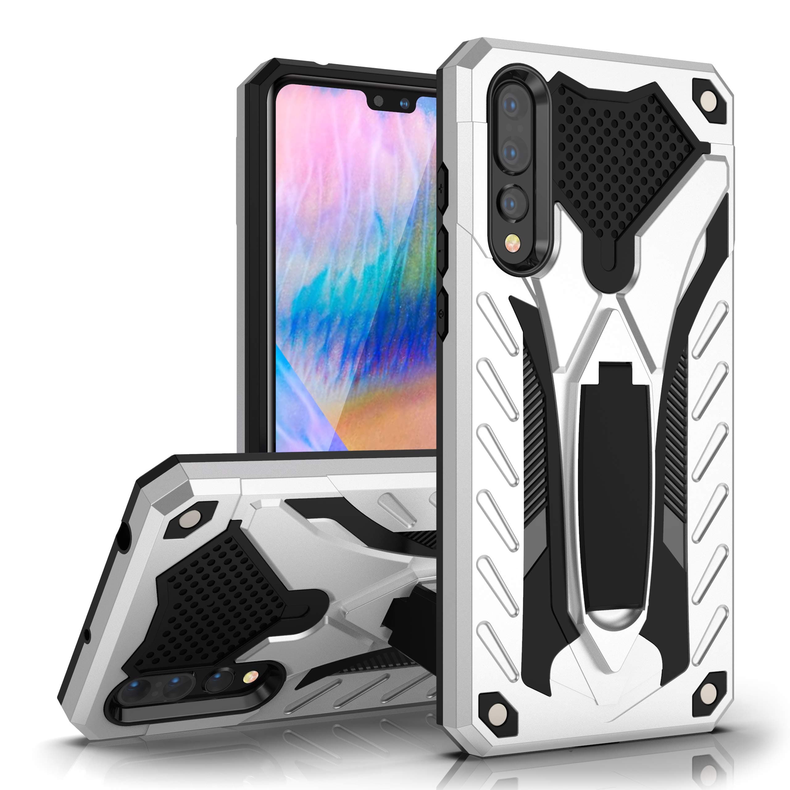 MILAN NICE Phone Case for Huawei P20 Pro Heavy Duty Protective Hard Cover Shockproof Certified with Drop Tested with Smartphone Kickstand (Silver)