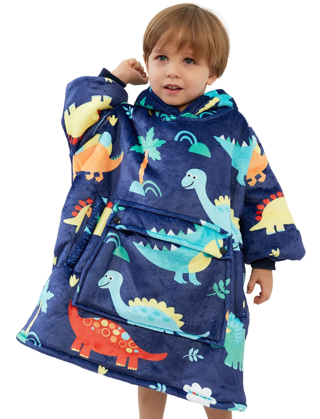 NOUKOW Wearable Blanket Hoodie Oversized Sherpa Blanket Sweatshirt Flannel Sweater Blanket with Large Pocket, Dinosaur, kids (2-6 YR)