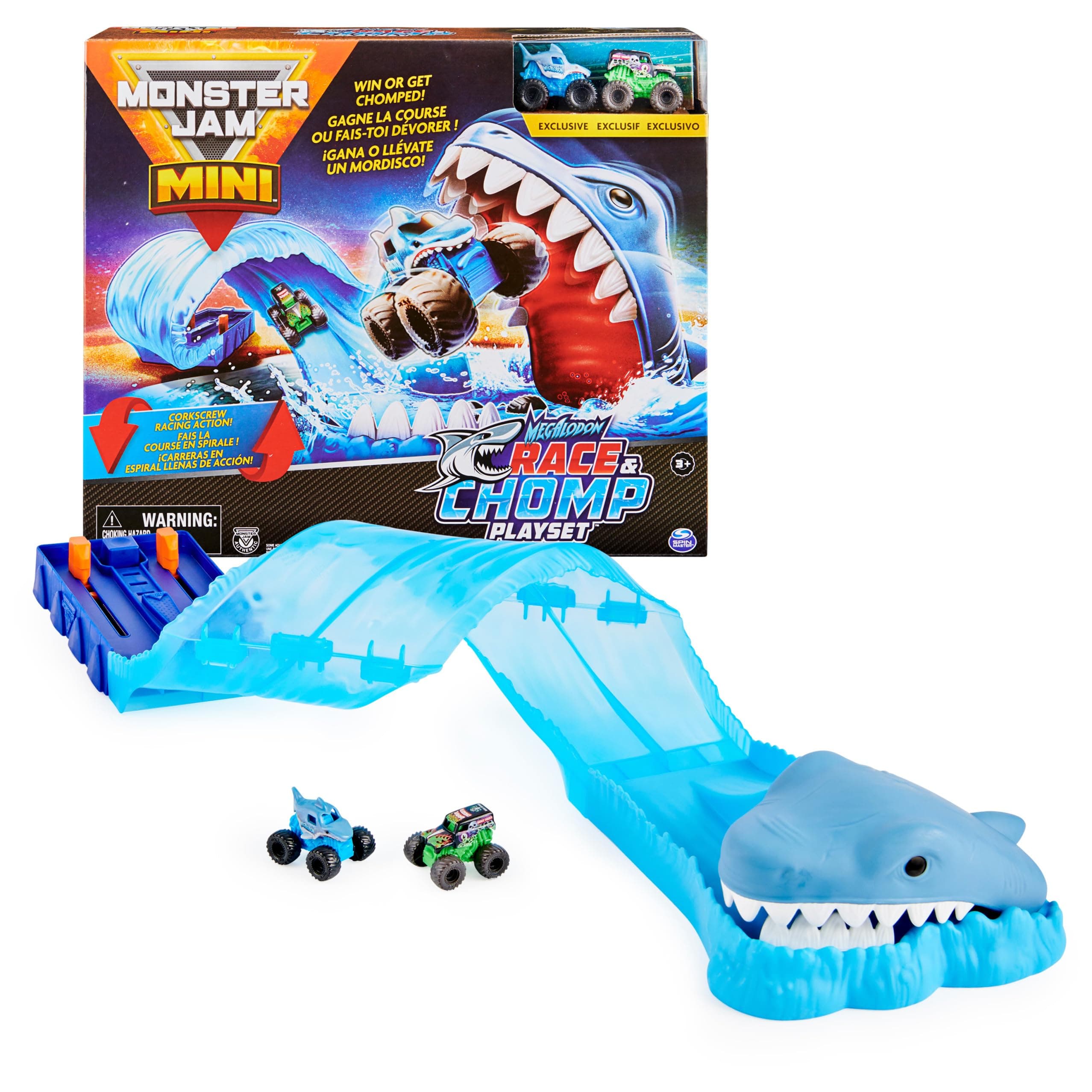 Monster Jam, Mini Megalodon Race and Chomp Playset with 2 Mini Trucks, 1:87 Scale, Kids Toys for Boys and Girls Ages 4-6+