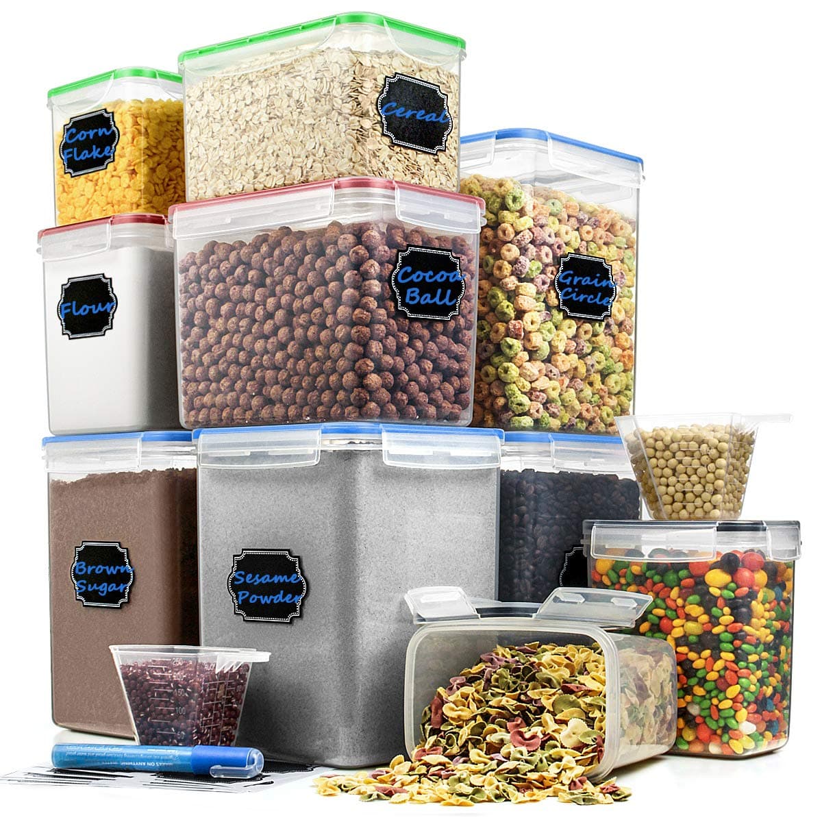 Cereal Containers Flour and Sugar Storage Containers - Hangoes (set of 10) Airtight Plastic Storage Containers with Lids for Cereal, Flour, Sugar, Baking Supplies, BPA-Free & Dishwasher Safe