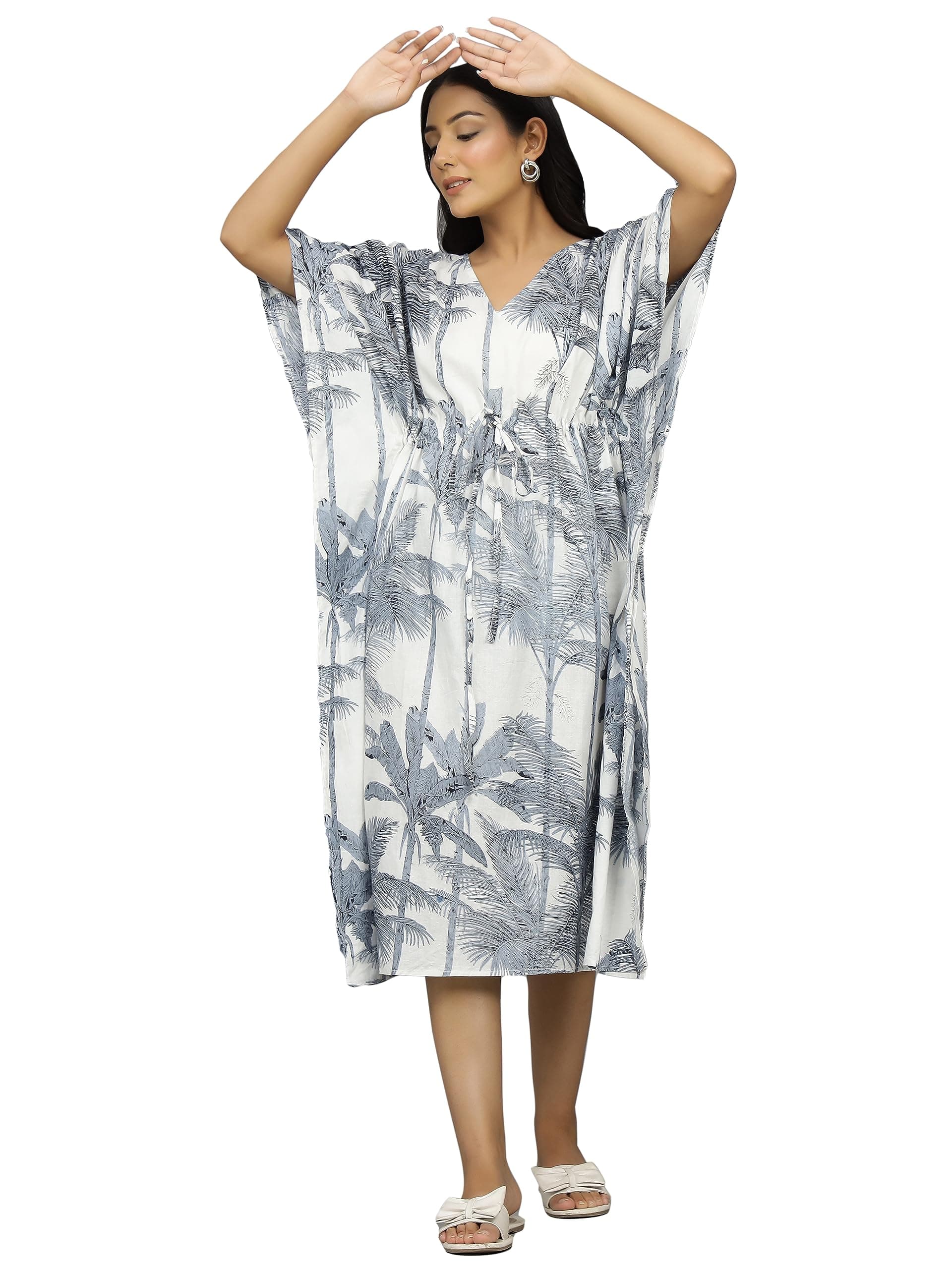 Ravaiyaa Women Printed Cotton V-Neck Knee Length Kaftan Dress Nighty