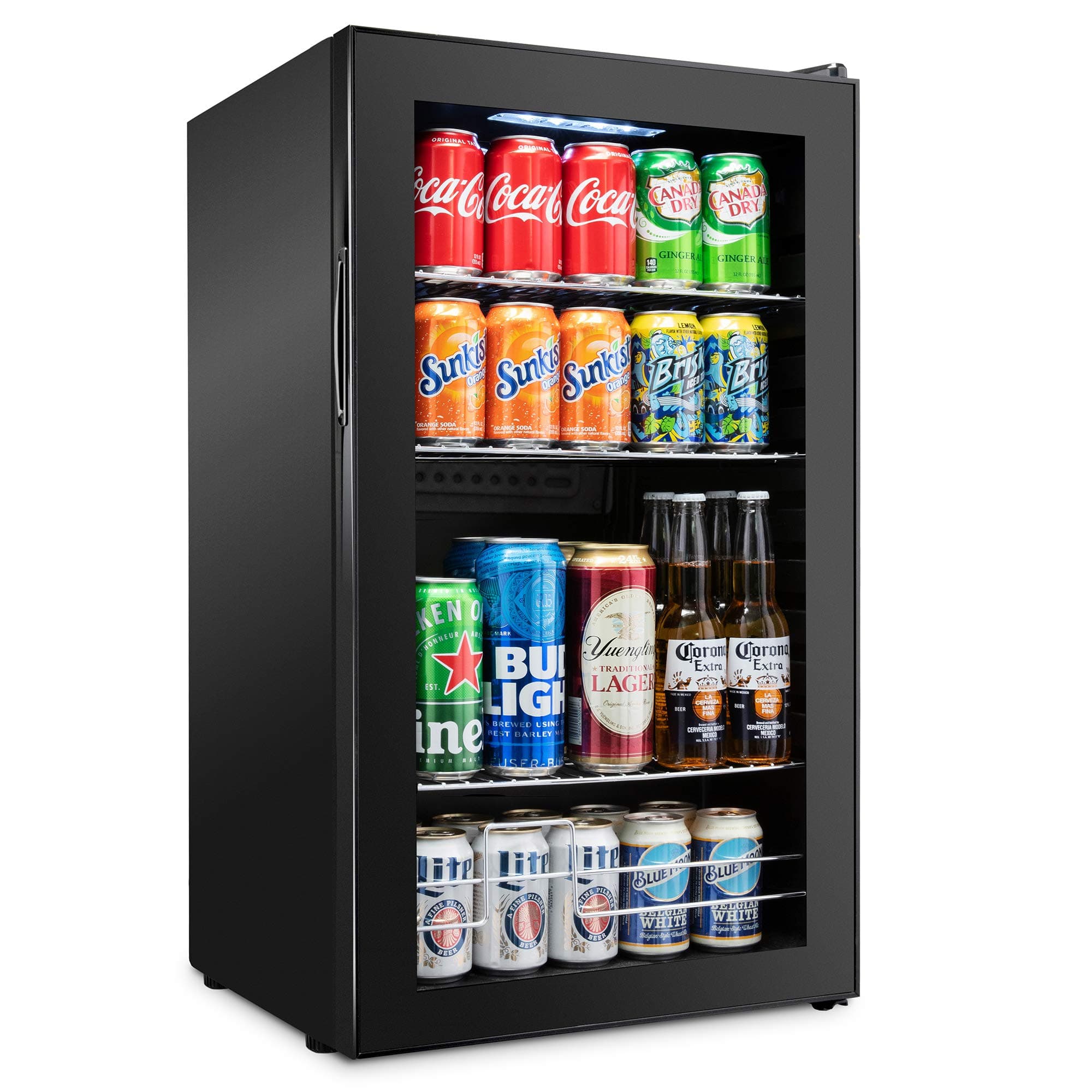 - 126 Can Beverage Refrigerator | Freestanding Ultra Cool Mini Drink Fridge | Beer, Cocktails, Soda, Juice Cooler for Home & Office | Reversible Glass Door & Adjustable Shelving - Black